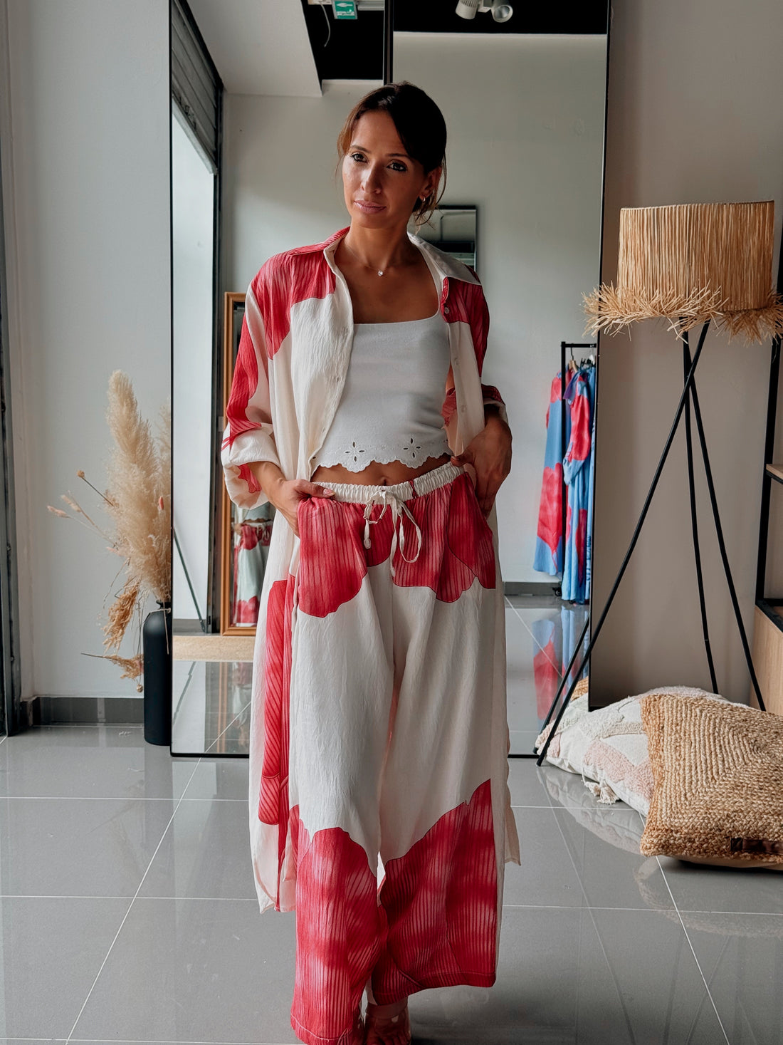 Ensemble chemise longue & pantalon – Imprimé floral-BLANC ROSE - Fenomen Paris