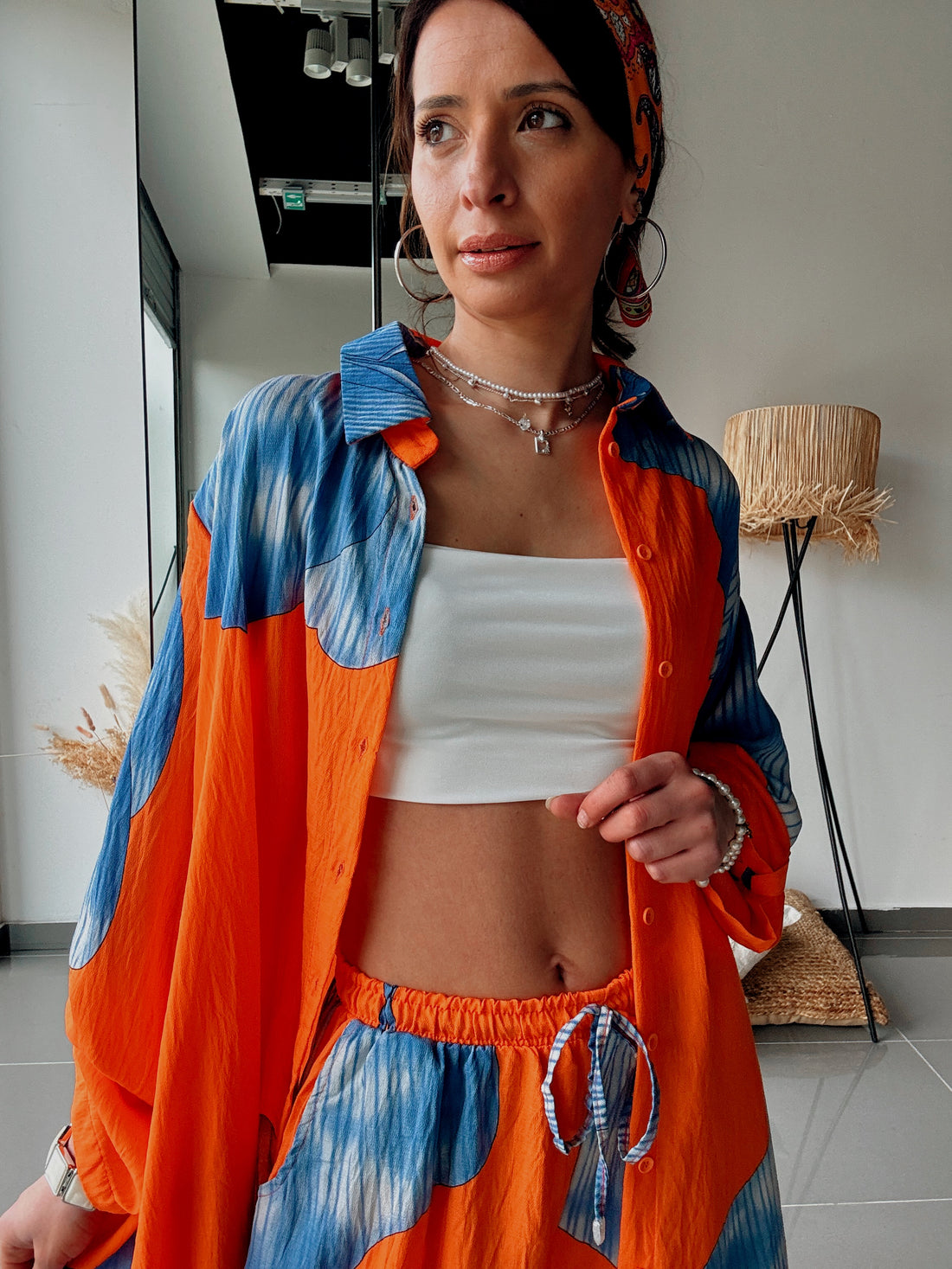 Ensemble chemise longue & pantalon – Imprimé floral ORANGE BLEU - Fenomen Paris