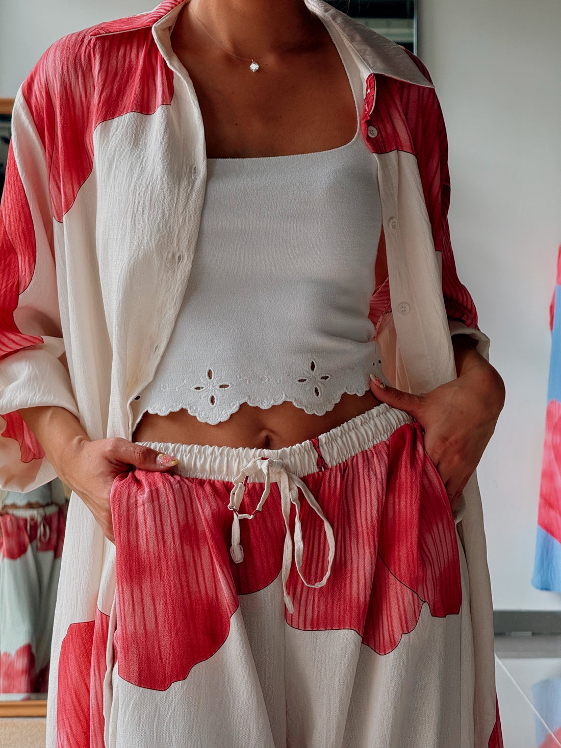 Ensemble chemise longue & pantalon – Imprimé floral-BLANC ROSE - Fenomen Paris