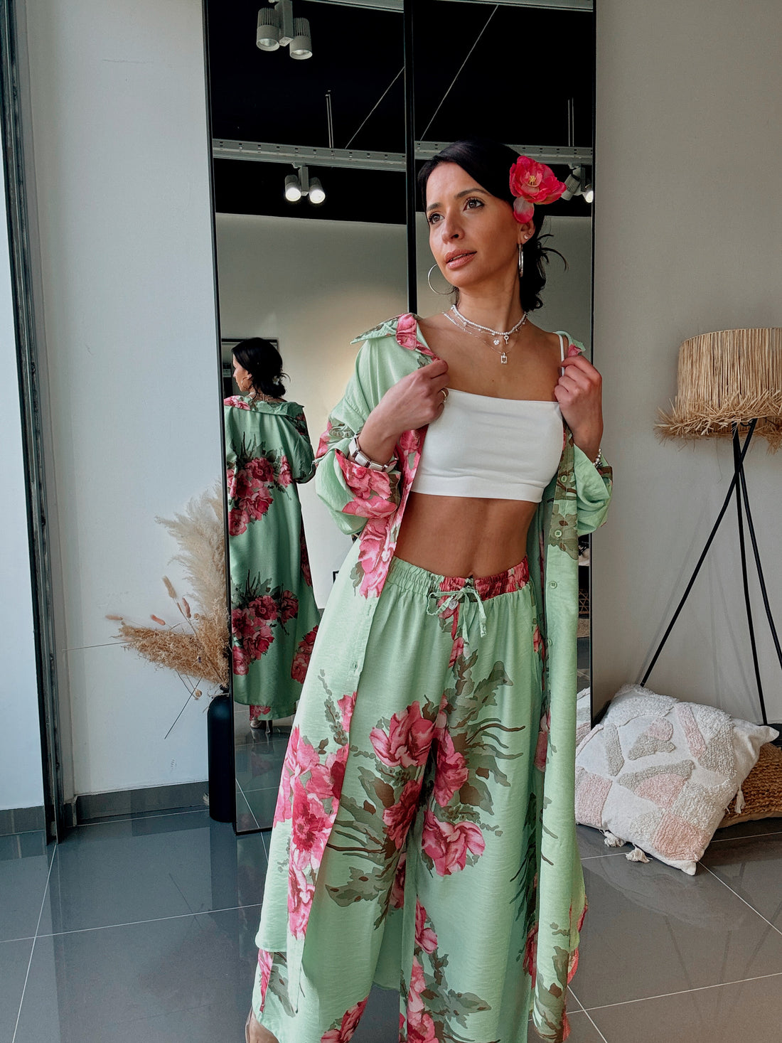 Ensemble Chemise & Pantalon Imprimé Floral-VERT - Fenomen Paris