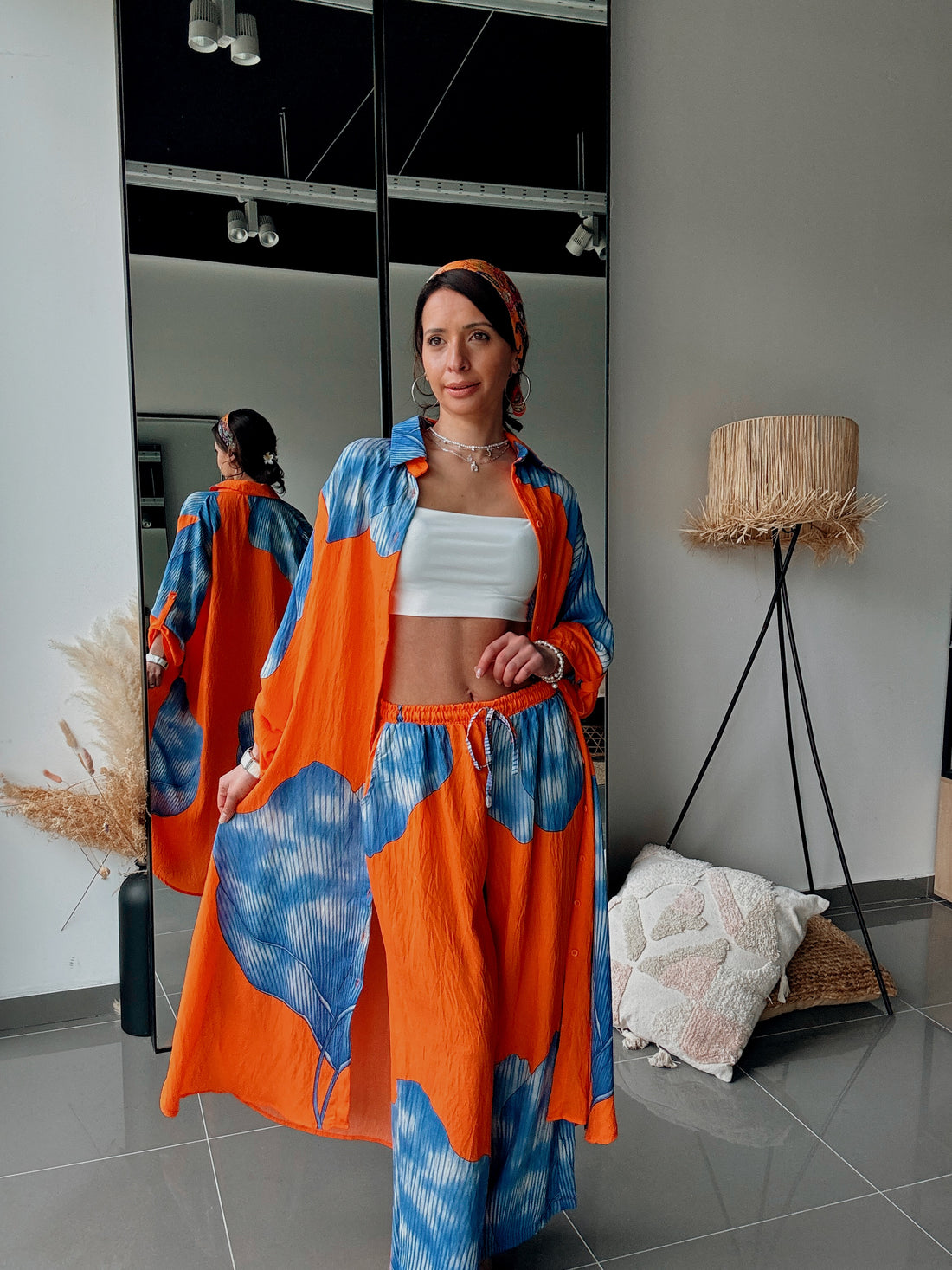 Ensemble chemise longue & pantalon – Imprimé floral ORANGE BLEU - Fenomen Paris