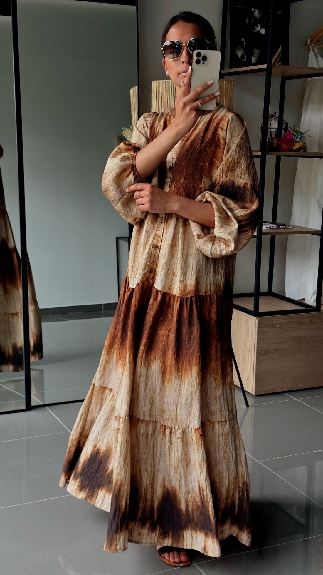 Robe longue tie and dye marron et beige - AEL001-471-TIECAMEL - Fenomen Paris