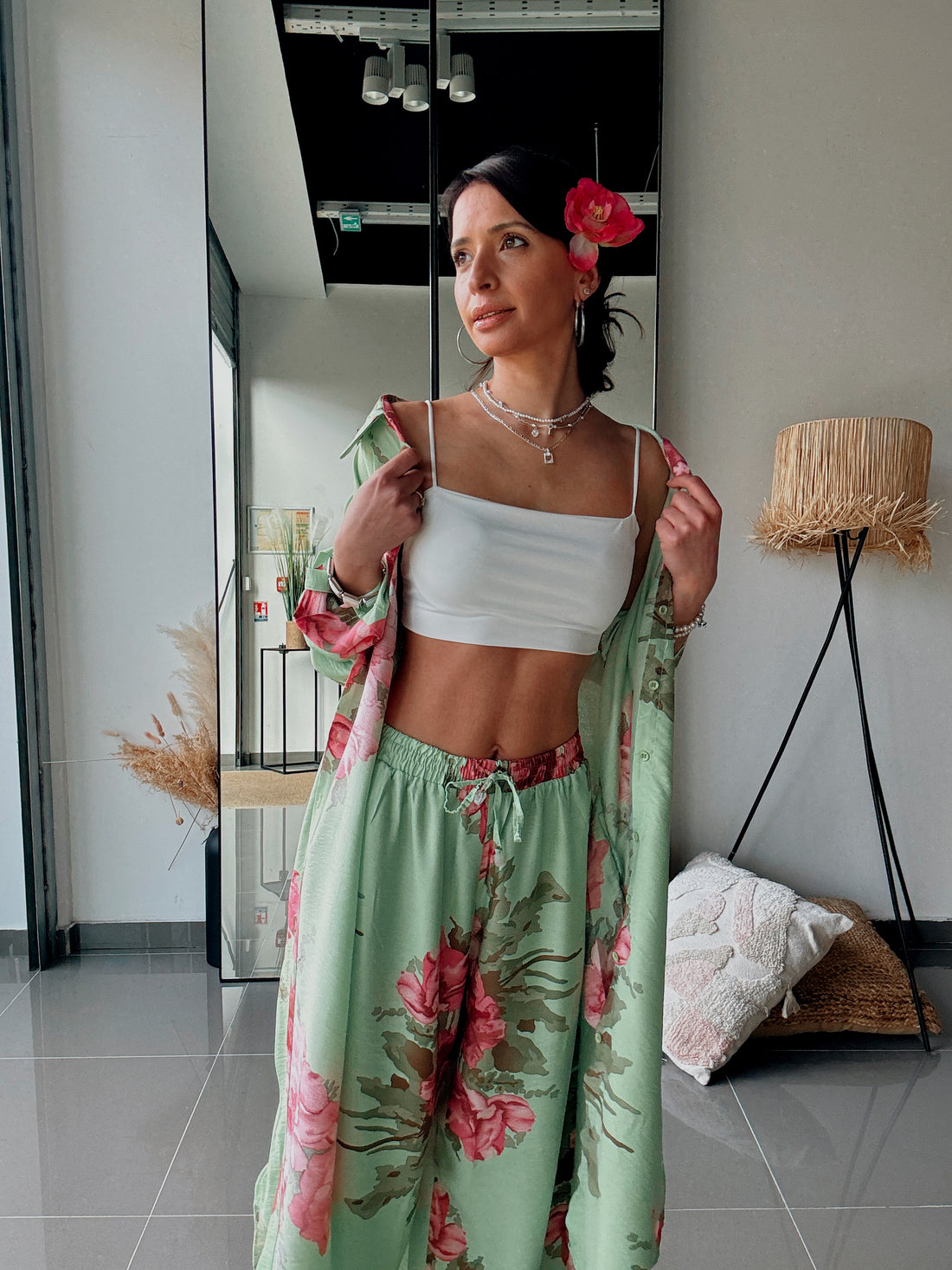 Ensemble Chemise & Pantalon Imprimé Floral-VERT - Fenomen Paris