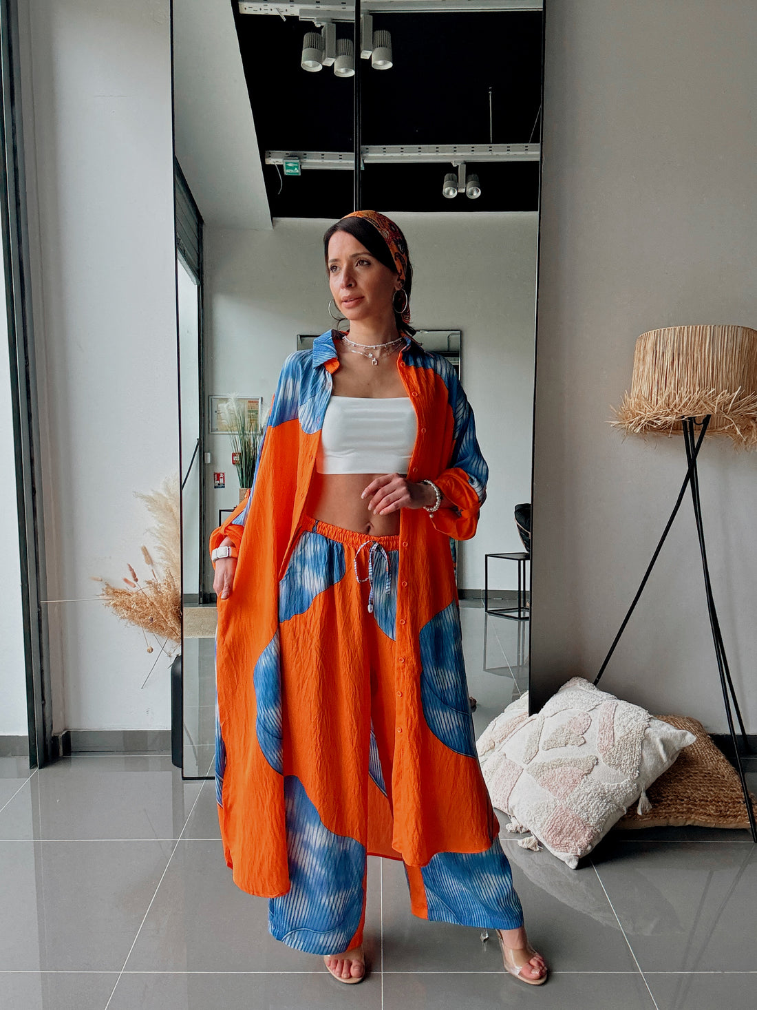 Ensemble chemise longue & pantalon – Imprimé floral ORANGE BLEU - Fenomen Paris