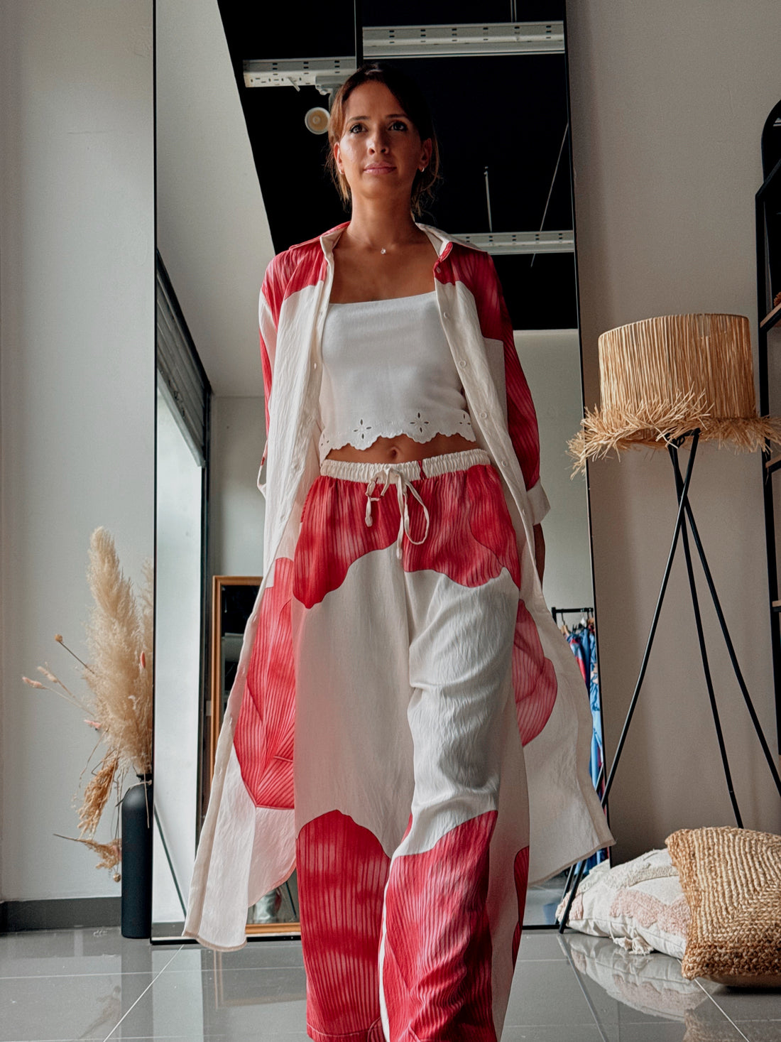 Ensemble chemise longue & pantalon – Imprimé floral-BLANC ROSE - Fenomen Paris