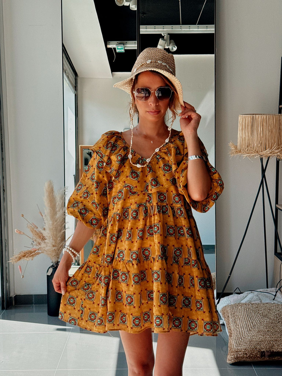 Robe courte bohème moutarde à imprimé géométrique -AEL215-000-MT - Fenomen Paris