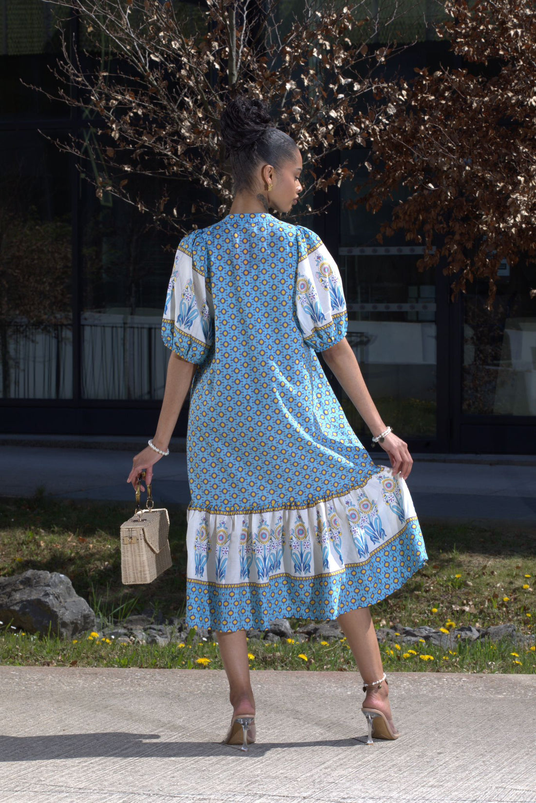 Robe mi-longue bohème bleue à imprimé floral - AEL088-000-BL - Fenomen Paris