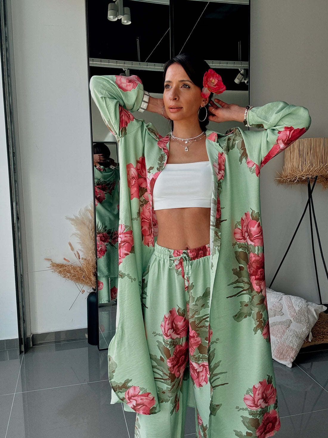 Ensemble Chemise & Pantalon Imprimé Floral-VERT - Fenomen Paris