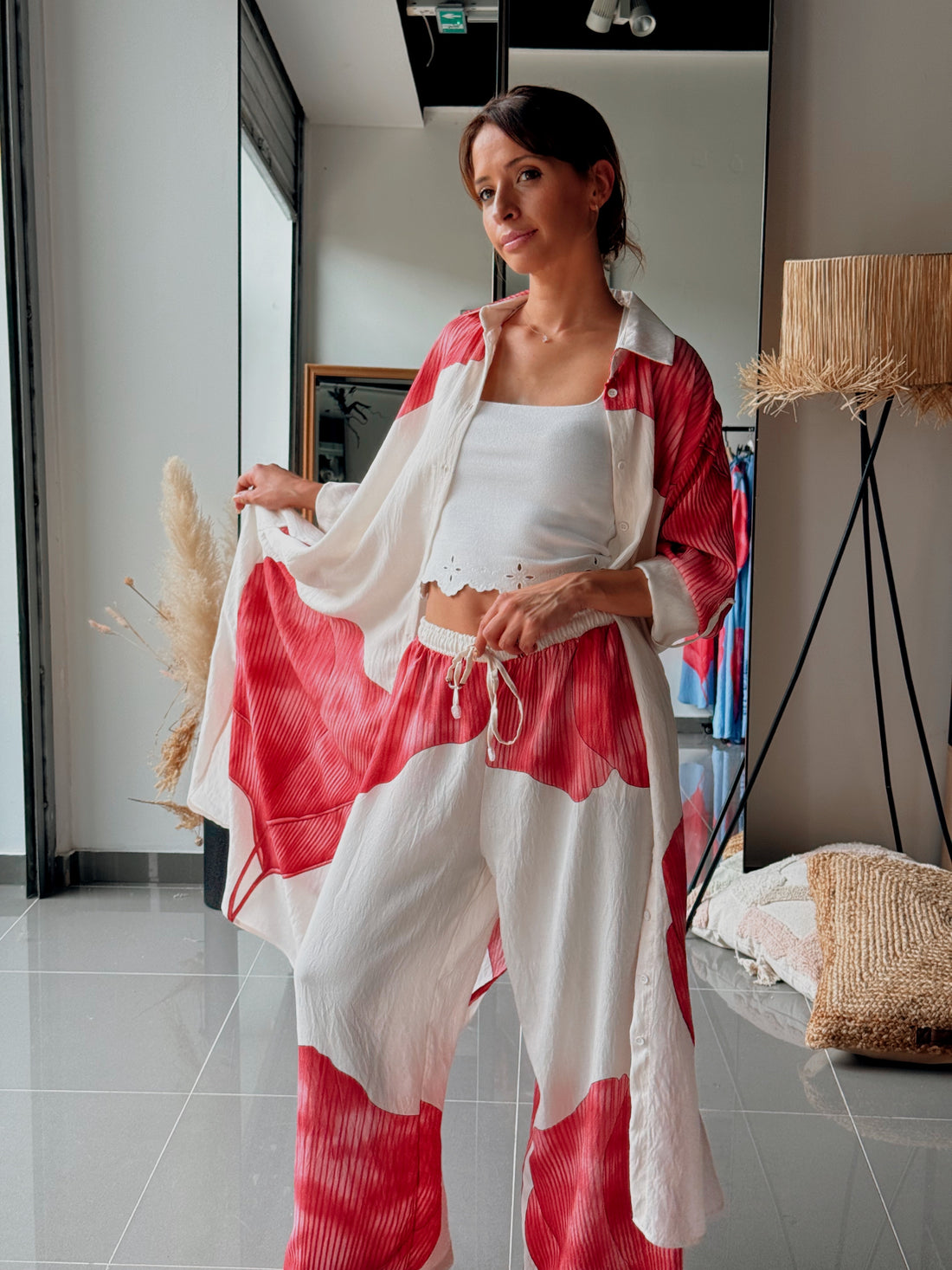 Ensemble chemise longue & pantalon – Imprimé floral-BLANC ROSE - Fenomen Paris
