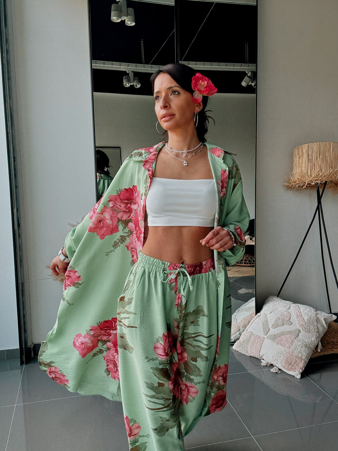 Ensemble Chemise & Pantalon Imprimé Floral-VERT - Fenomen Paris