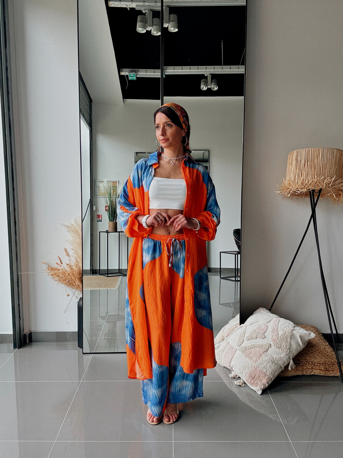 Ensemble chemise longue & pantalon – Imprimé floral ORANGE BLEU - Fenomen Paris