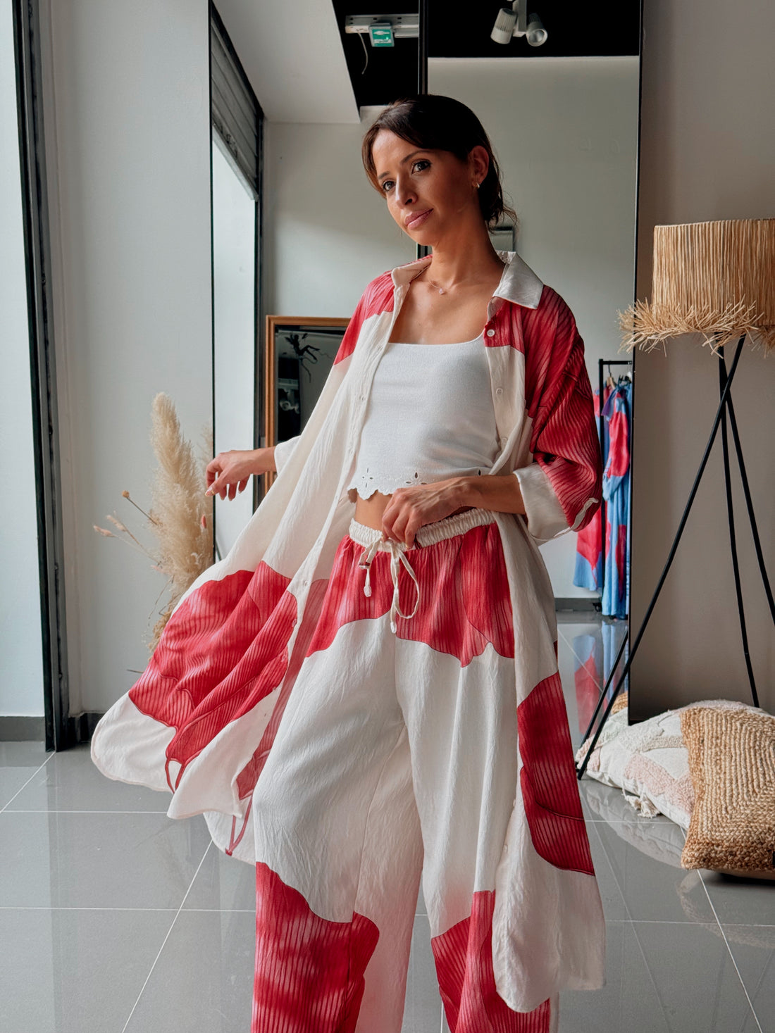 Ensemble chemise longue & pantalon – Imprimé floral-BLANC ROSE - Fenomen Paris