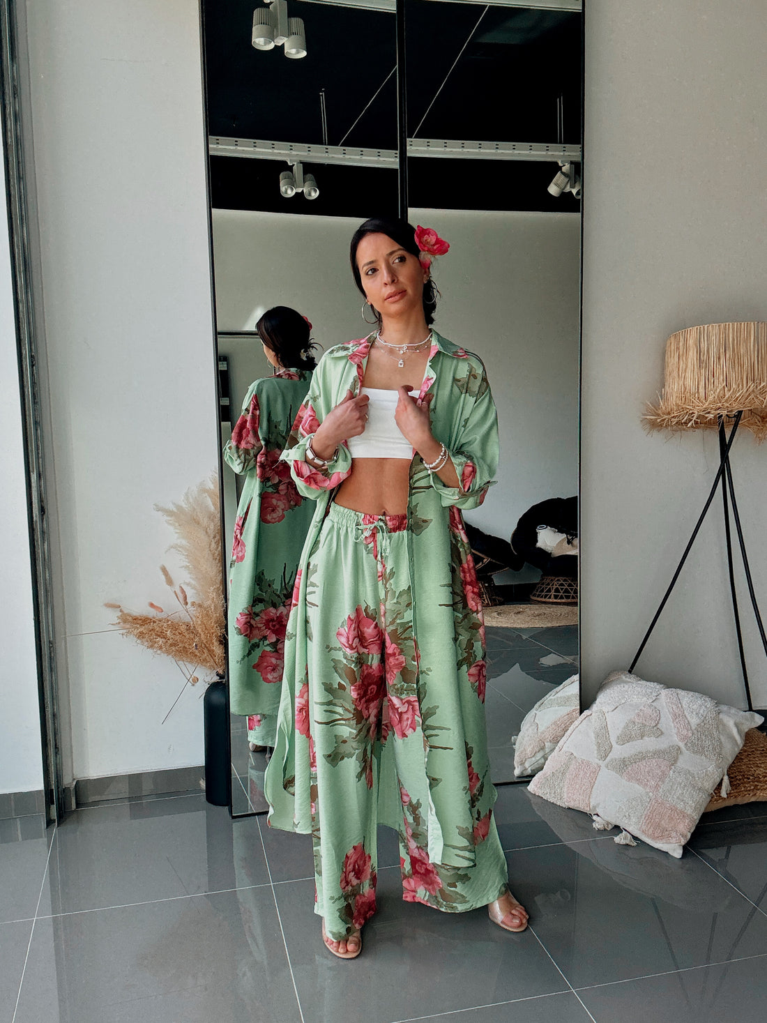 Ensemble Chemise & Pantalon Imprimé Floral-VERT - Fenomen Paris
