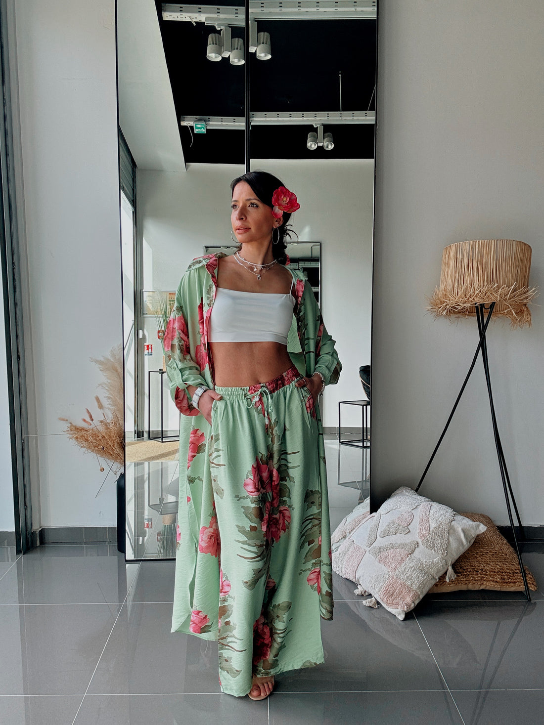 Ensemble Chemise & Pantalon Imprimé Floral-VERT - Fenomen Paris