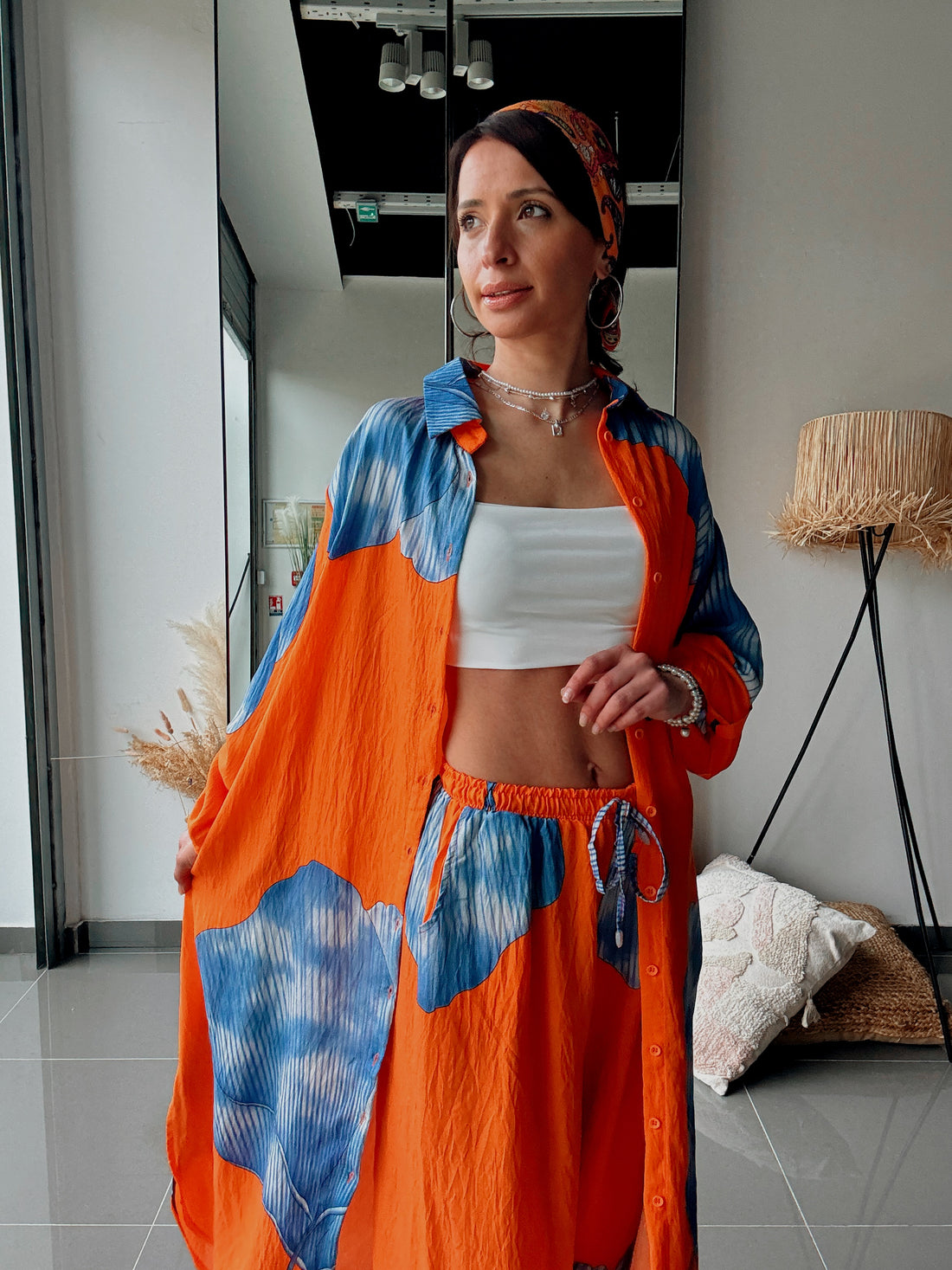 Ensemble chemise longue & pantalon – Imprimé floral ORANGE BLEU - Fenomen Paris