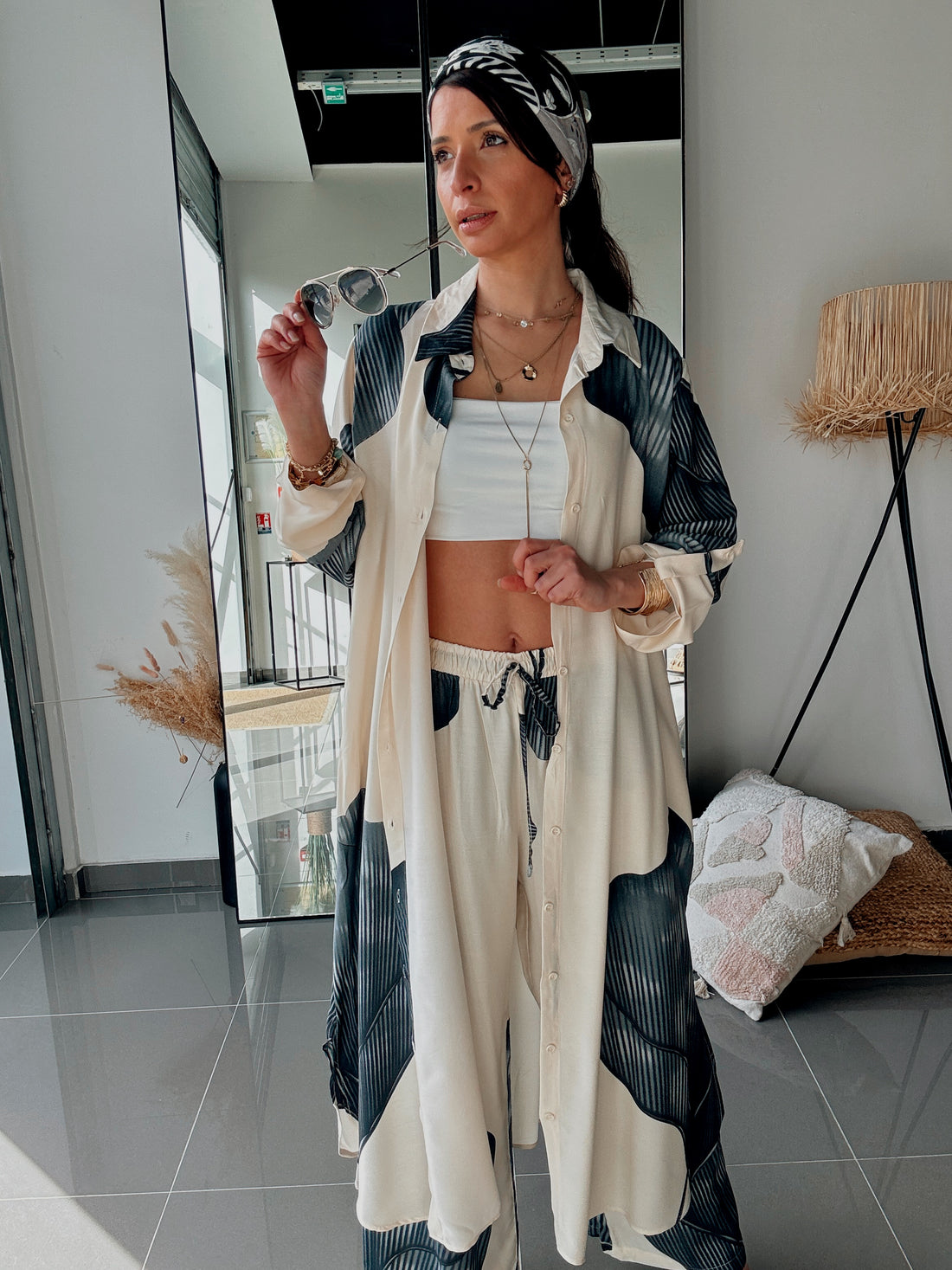 Ensemble chemise longue & pantalon – Imprimé floral ECRU - Fenomen Paris
