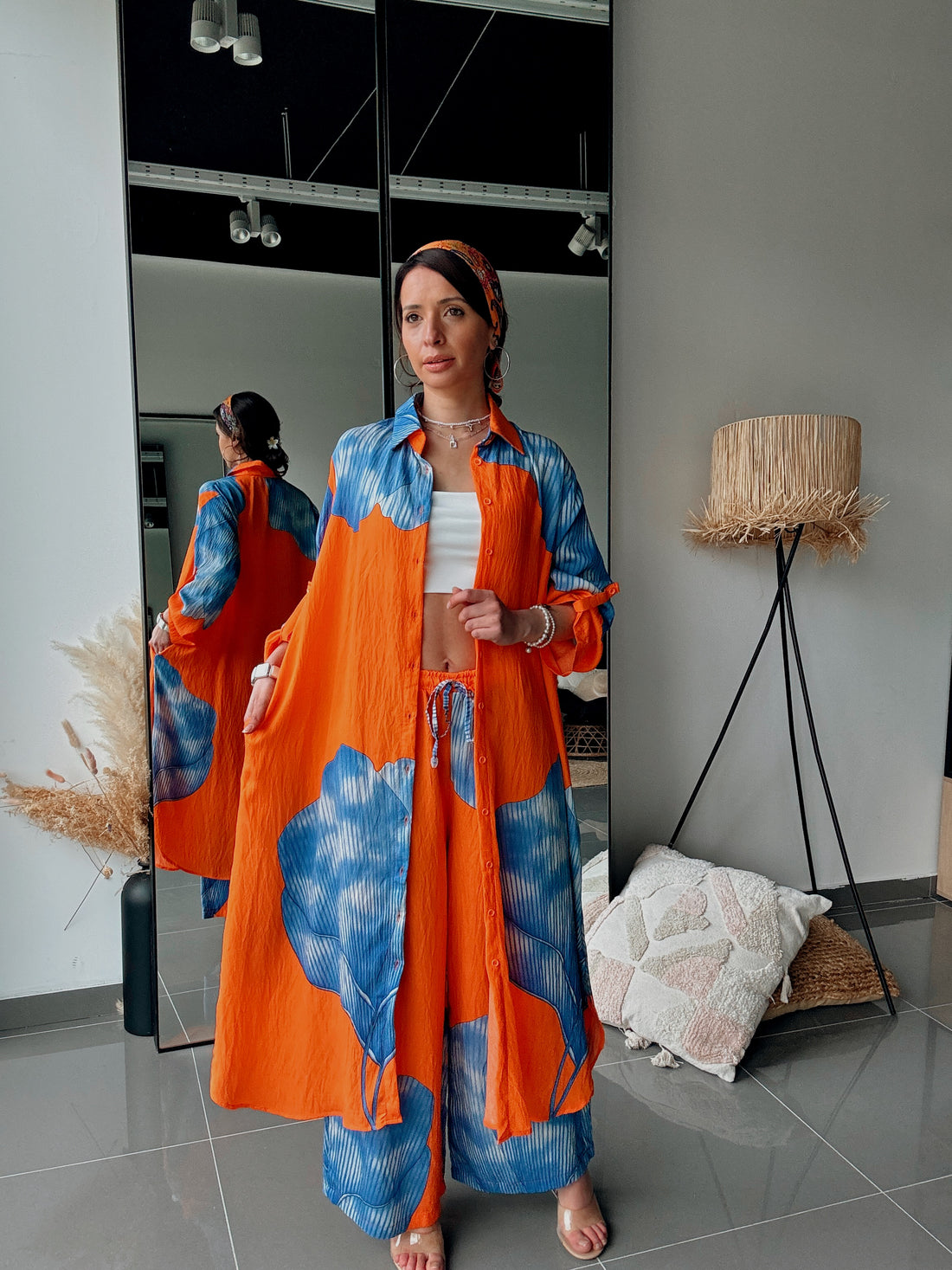 Ensemble chemise longue & pantalon – Imprimé floral ORANGE BLEU - Fenomen Paris