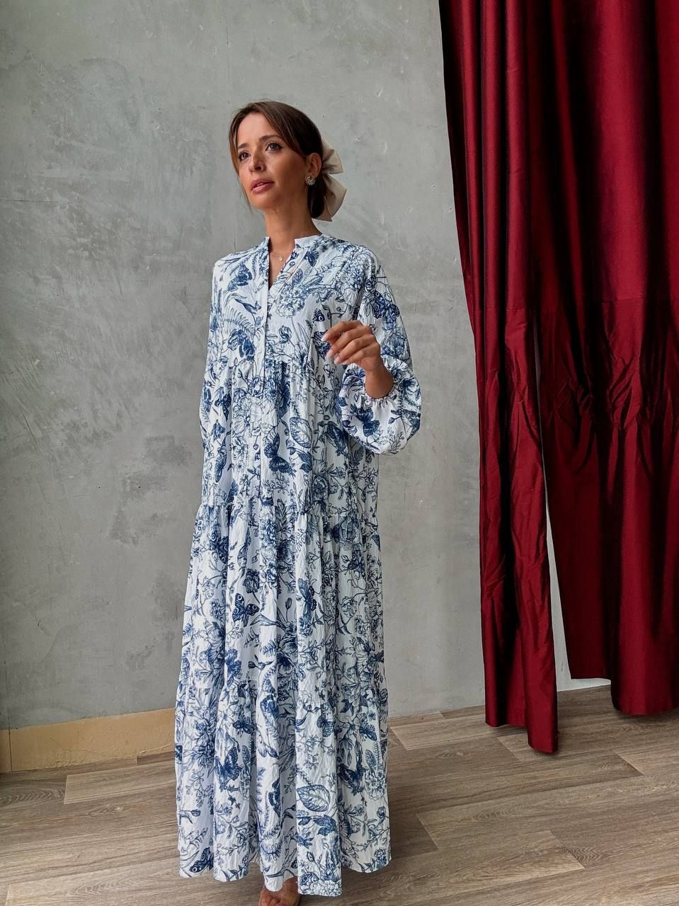 Robe longue blanche à imprimé bleu fleuri - AEL001-587-BB - Fenomen Paris