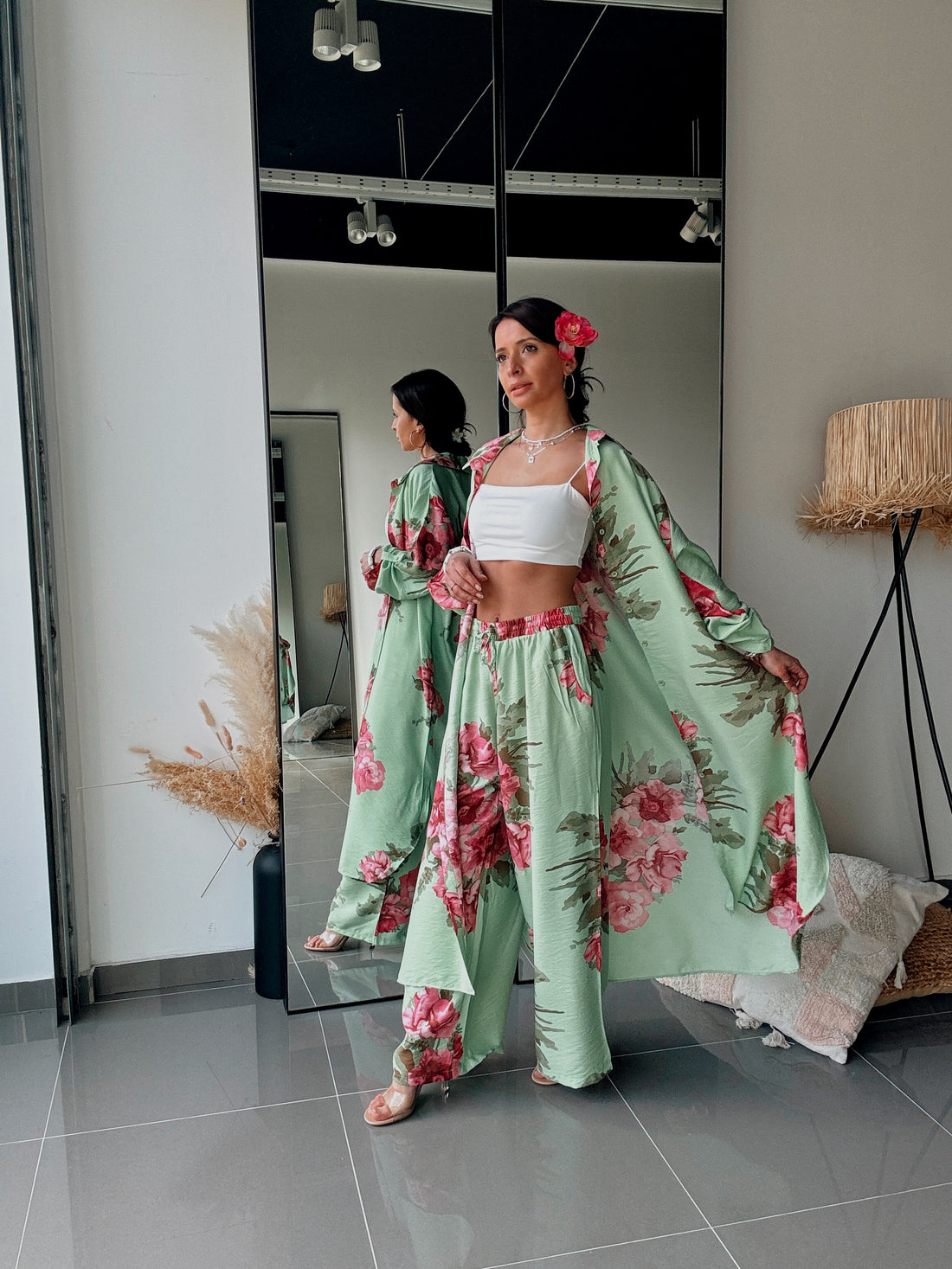 Ensemble Chemise & Pantalon Imprimé Floral-VERT - Fenomen Paris