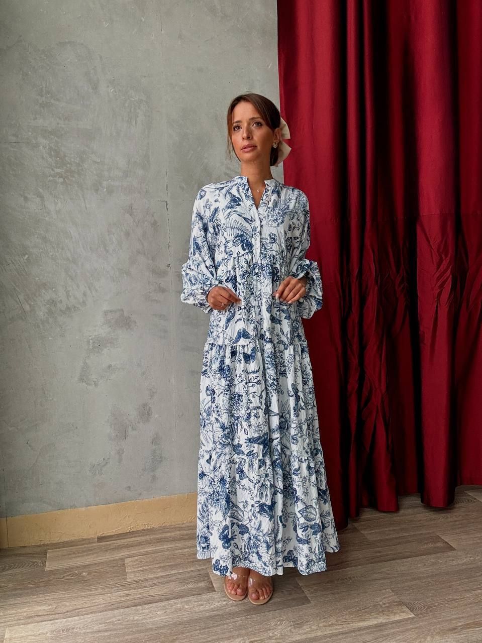 Robe longue blanche à imprimé bleu fleuri - AEL001-587-BB - Fenomen Paris