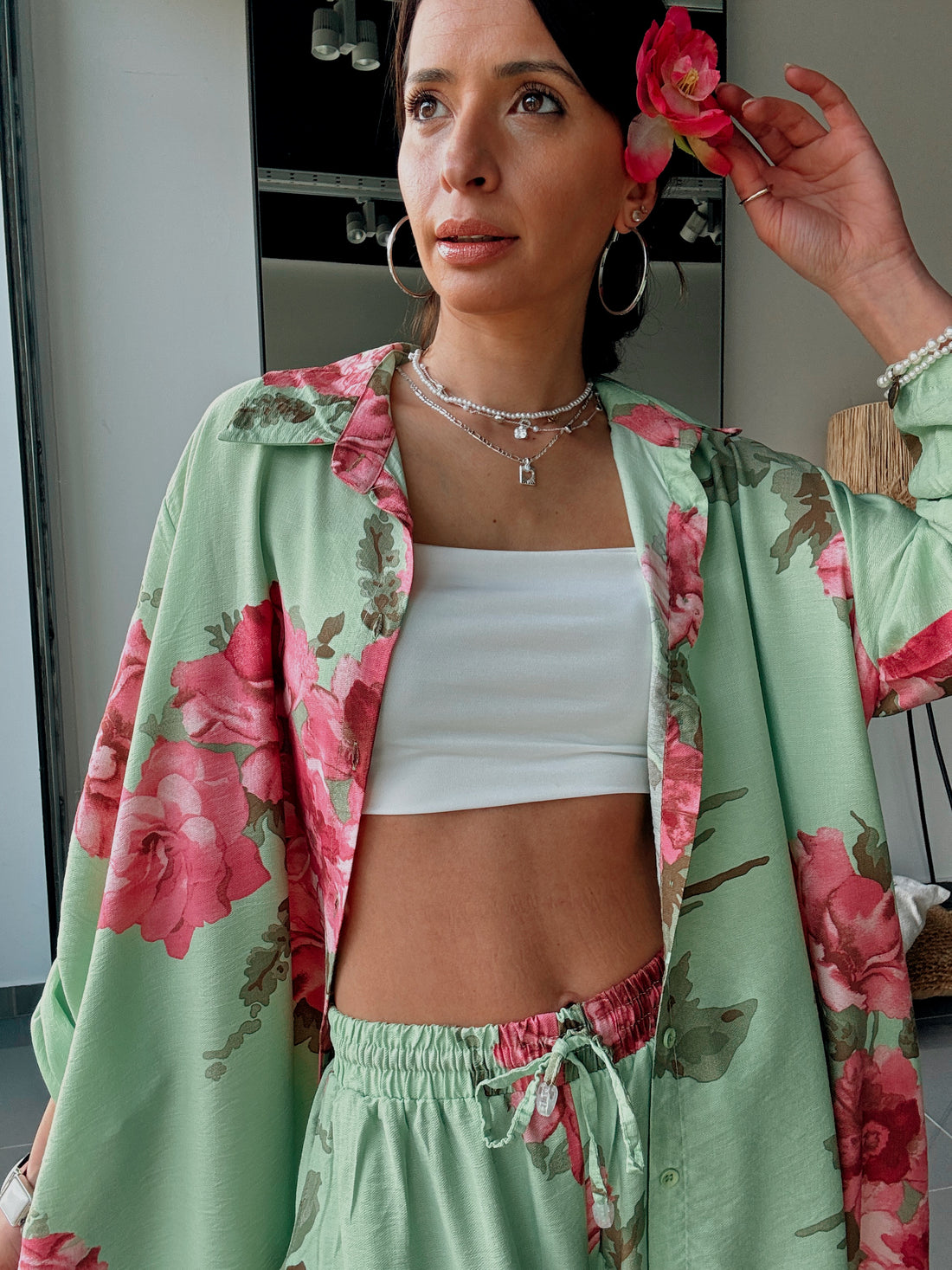 Ensemble Chemise & Pantalon Imprimé Floral-VERT - Fenomen Paris