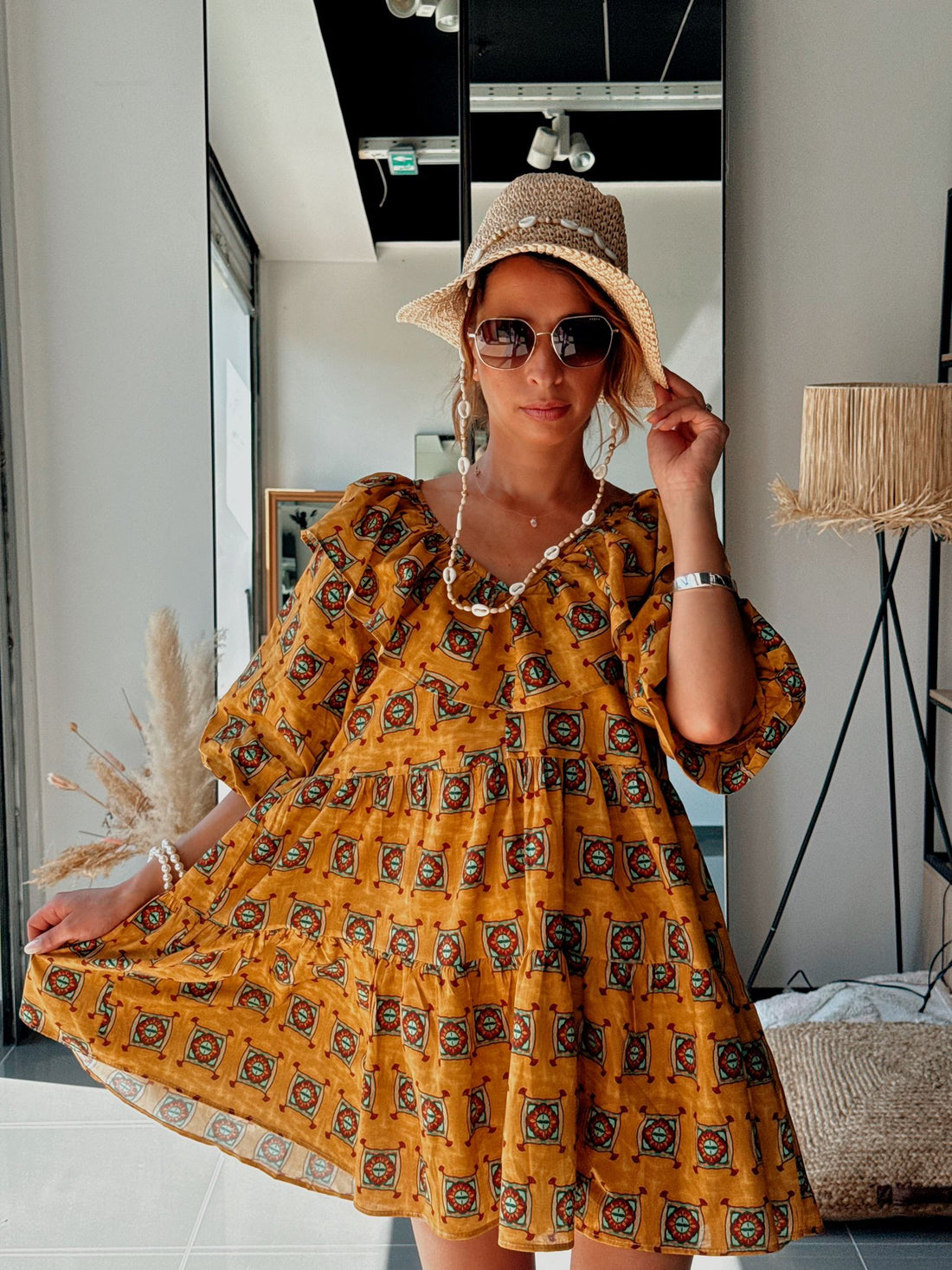 Robe courte bohème moutarde à imprimé géométrique -AEL215-000-MT - Fenomen Paris