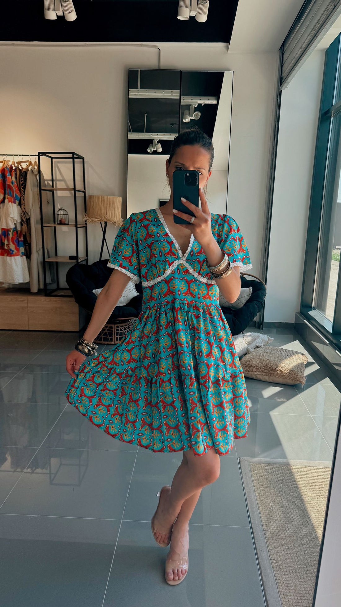 Robe Courte Bohème à imprimé- AEL210-000-BLEU - Fenomen Paris