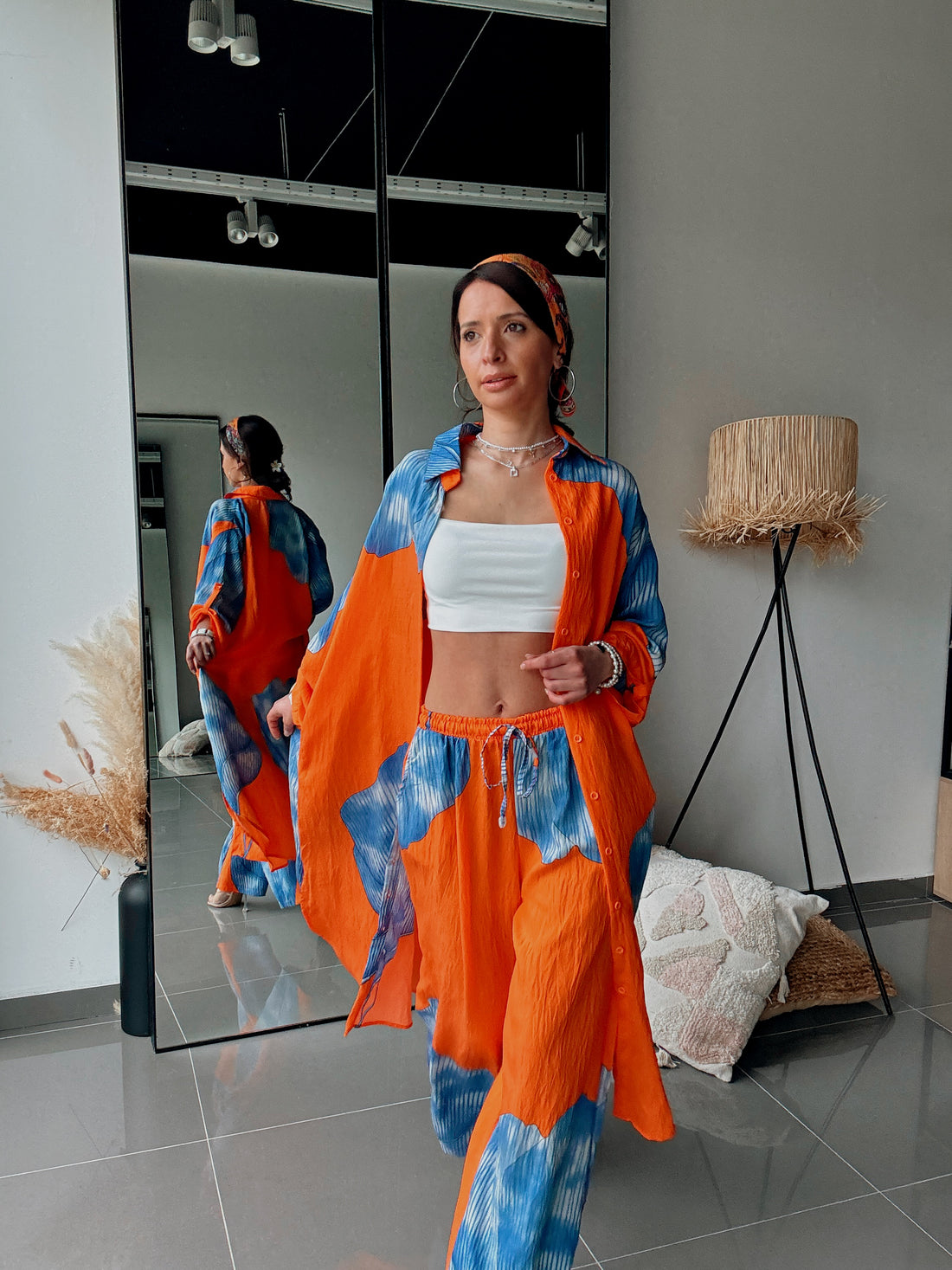 Ensemble chemise longue & pantalon – Imprimé floral ORANGE BLEU - Fenomen Paris