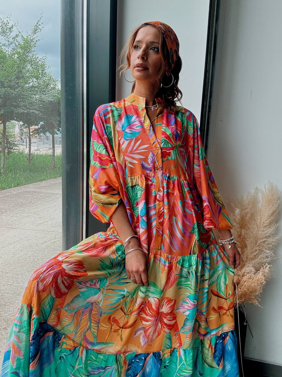 Robe longue bohème à imprimé tropical fluide - Fenomen Paris