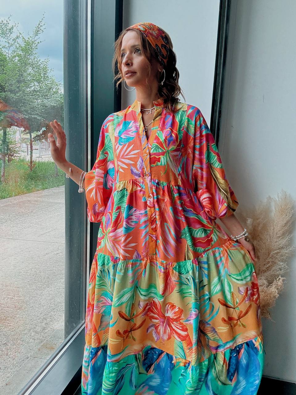Robe longue bohème à imprimé tropical fluide - Fenomen Paris