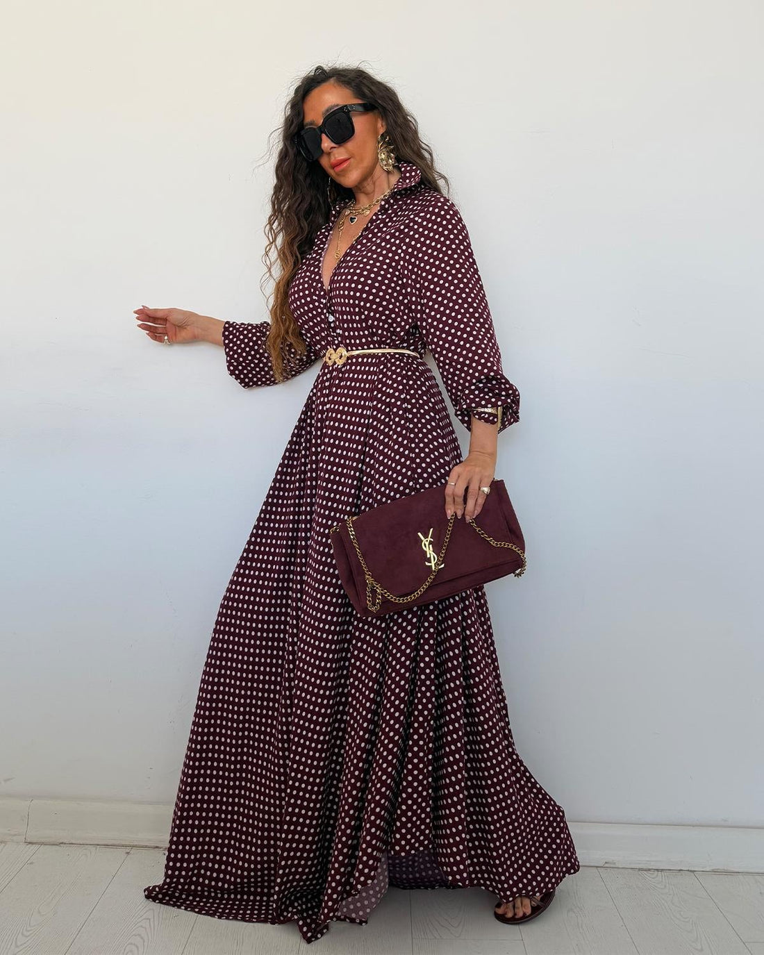 Robe Chemise Maxi Pois Bordeaux