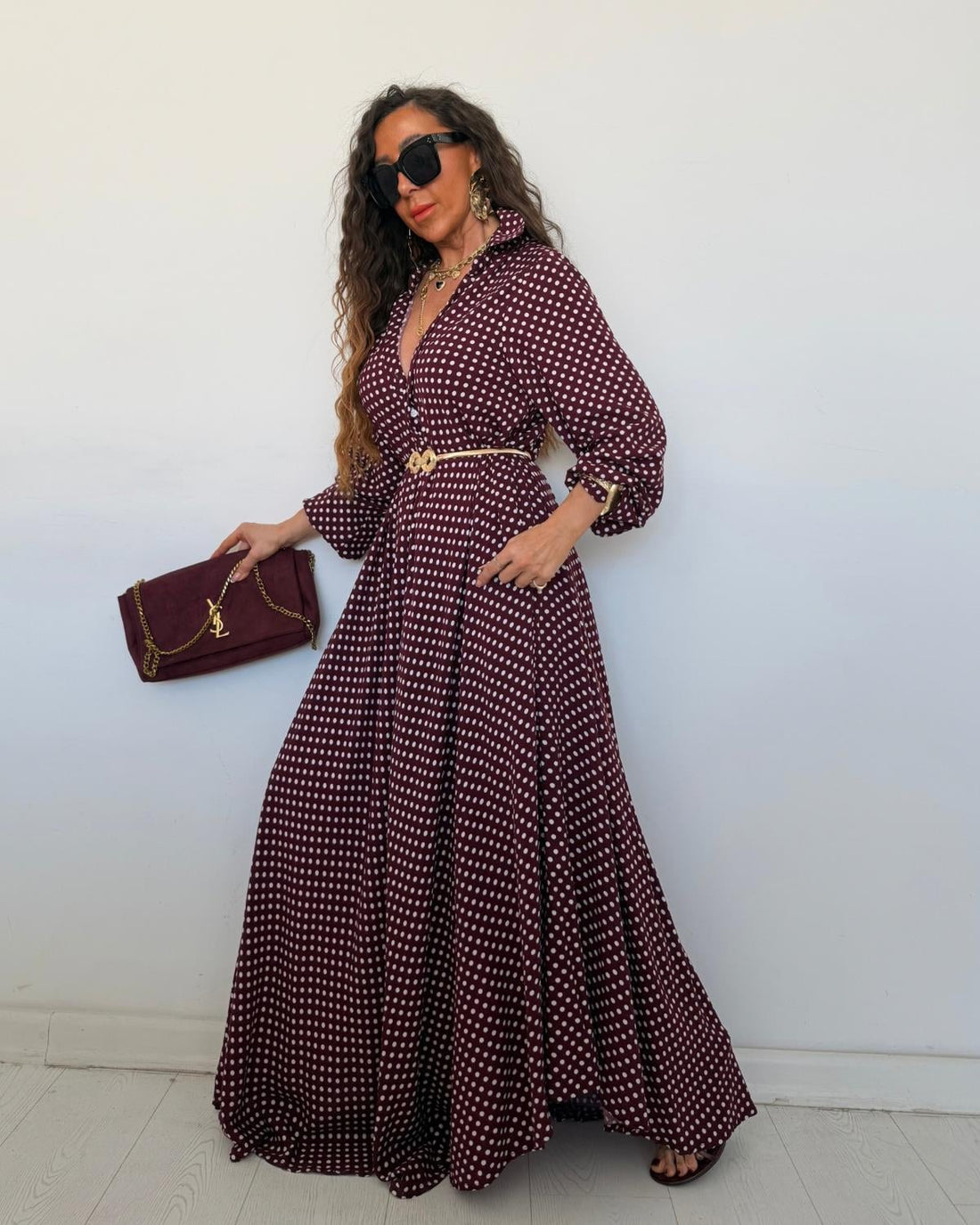 Robe Chemise Maxi Pois Bordeaux