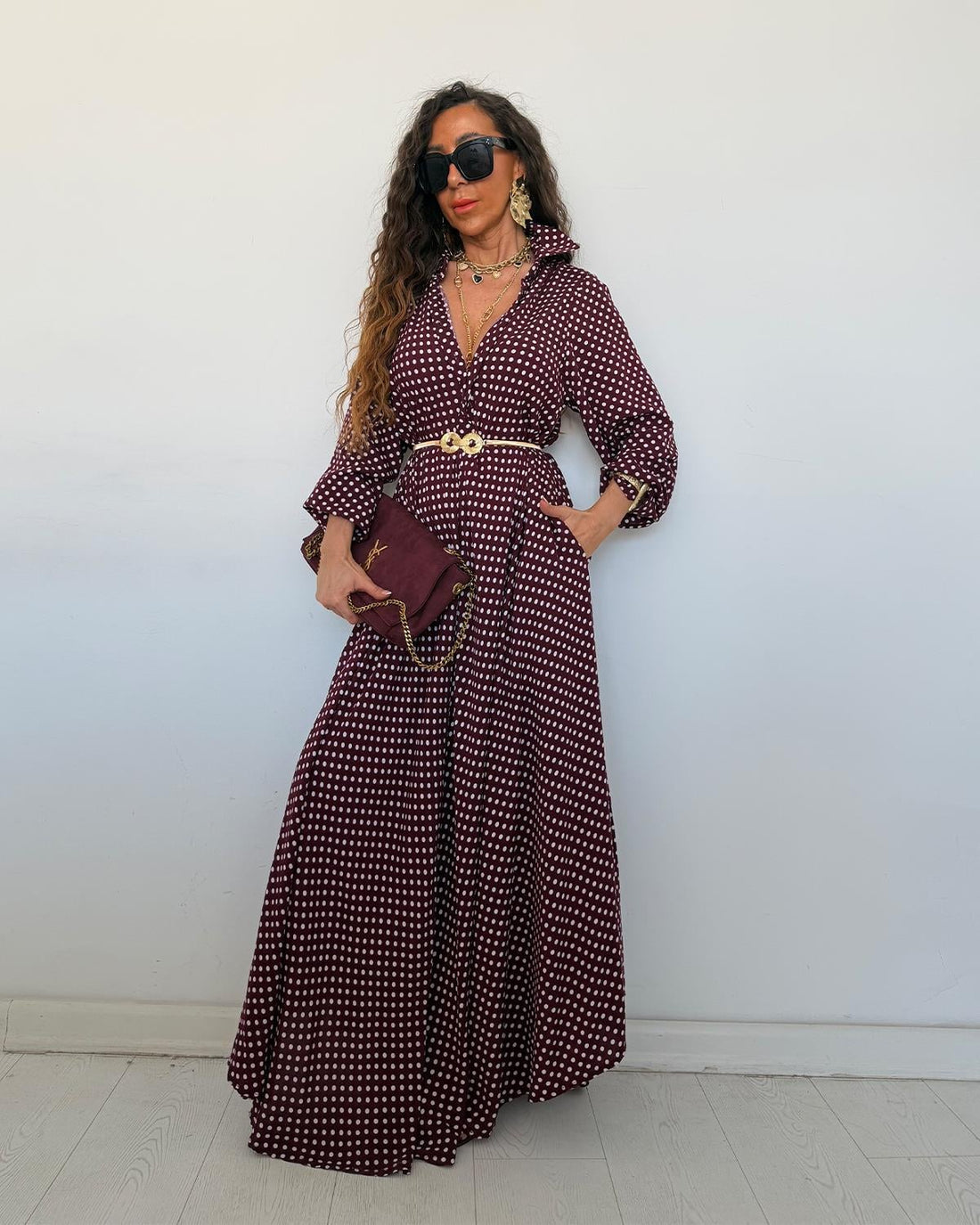 Robe Chemise Maxi Pois Bordeaux