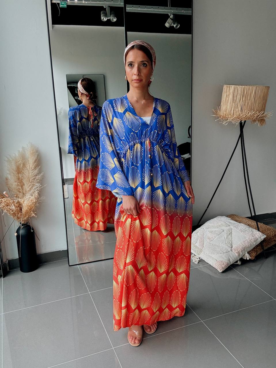 Robe Longue Fluide Dégradé Bleur & Rouge Imprimé Coquillage – Coupe Bohème - Fenomen Paris