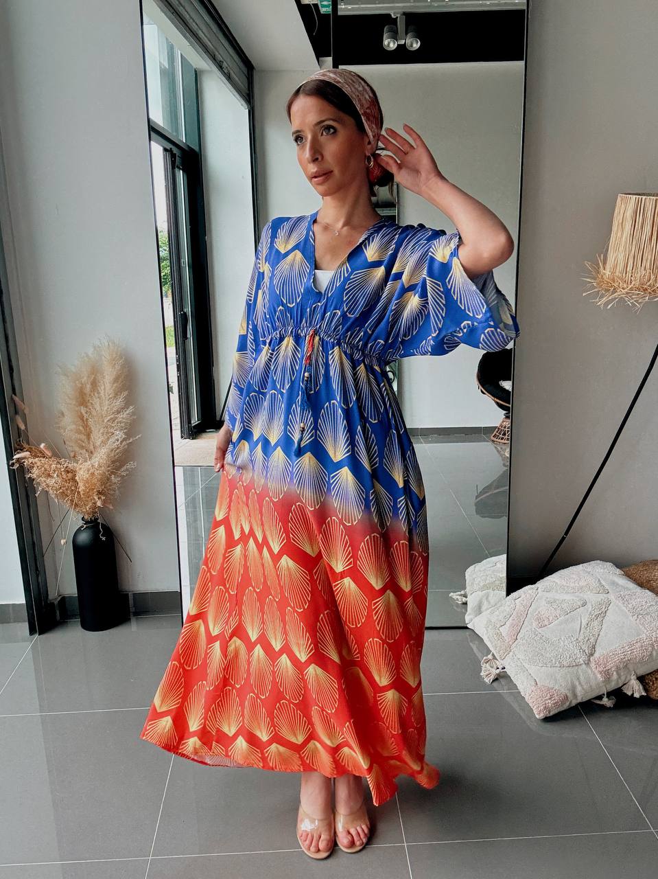 Robe Longue Fluide Dégradé Bleur & Rouge Imprimé Coquillage – Coupe Bohème - Fenomen Paris