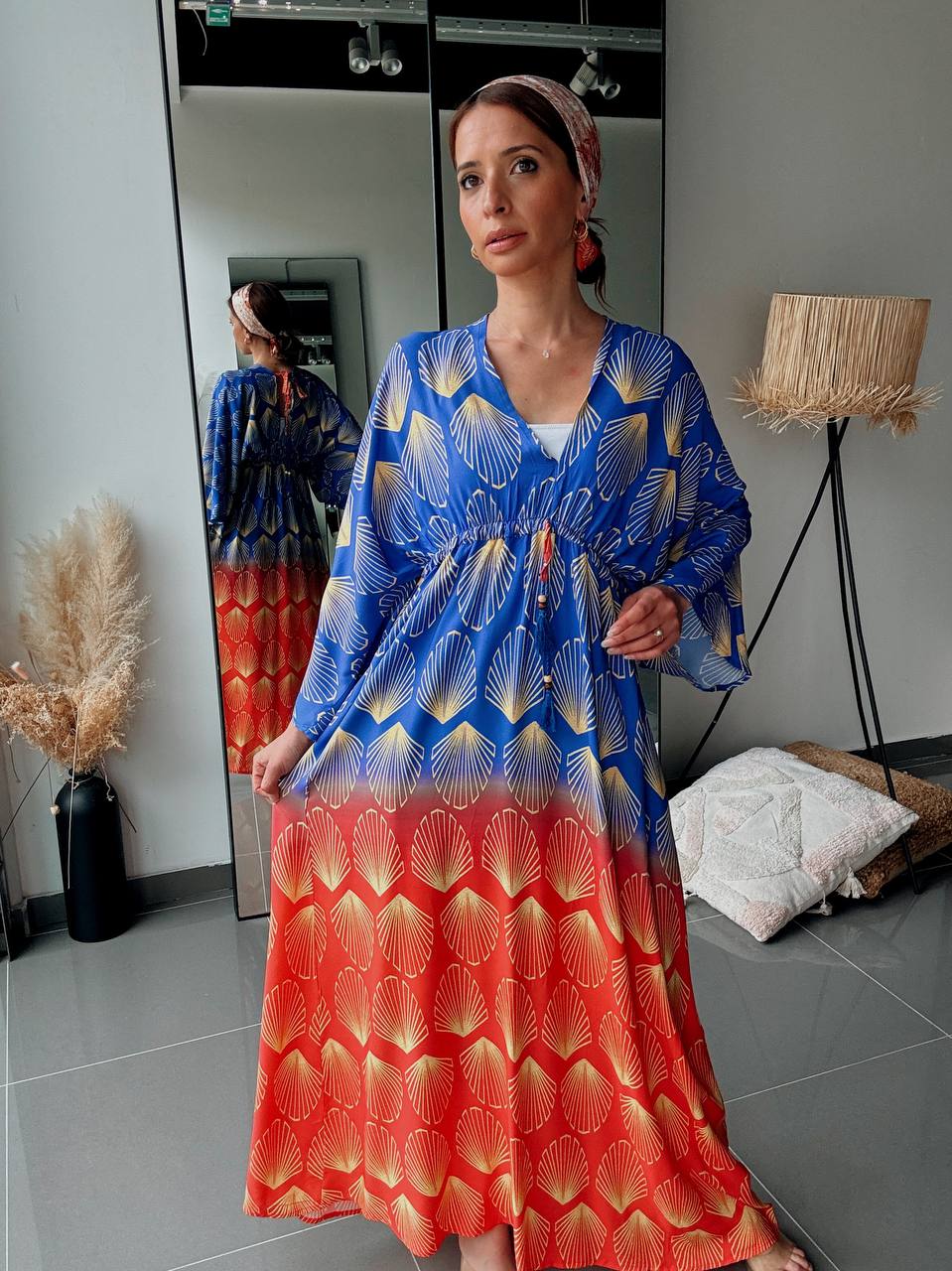 Robe Longue Fluide Dégradé Bleur & Rouge Imprimé Coquillage – Coupe Bohème - Fenomen Paris
