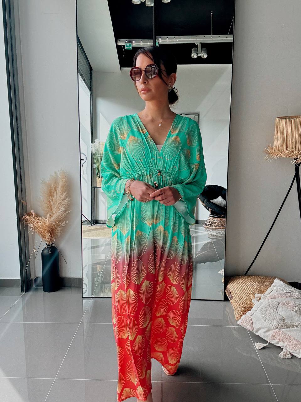 Robe Longue Fluide Dégradé Vert & Corail Imprimé Coquillage – Coupe Bohème - Fenomen Paris