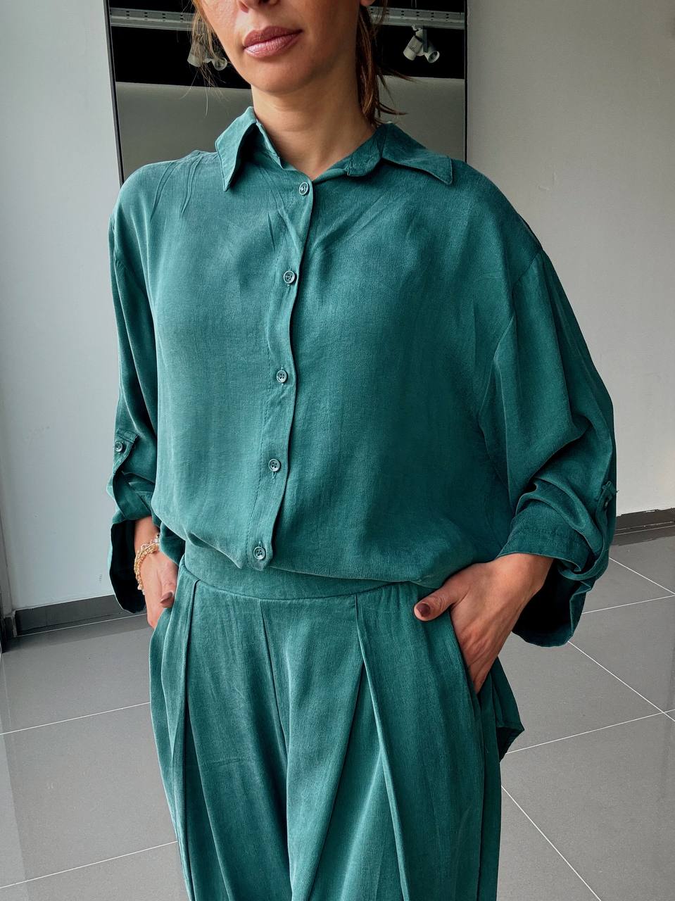 Ensemble en Tencel avec chemise long et pantalon fluide - ATK002-662 - Fenomen Paris