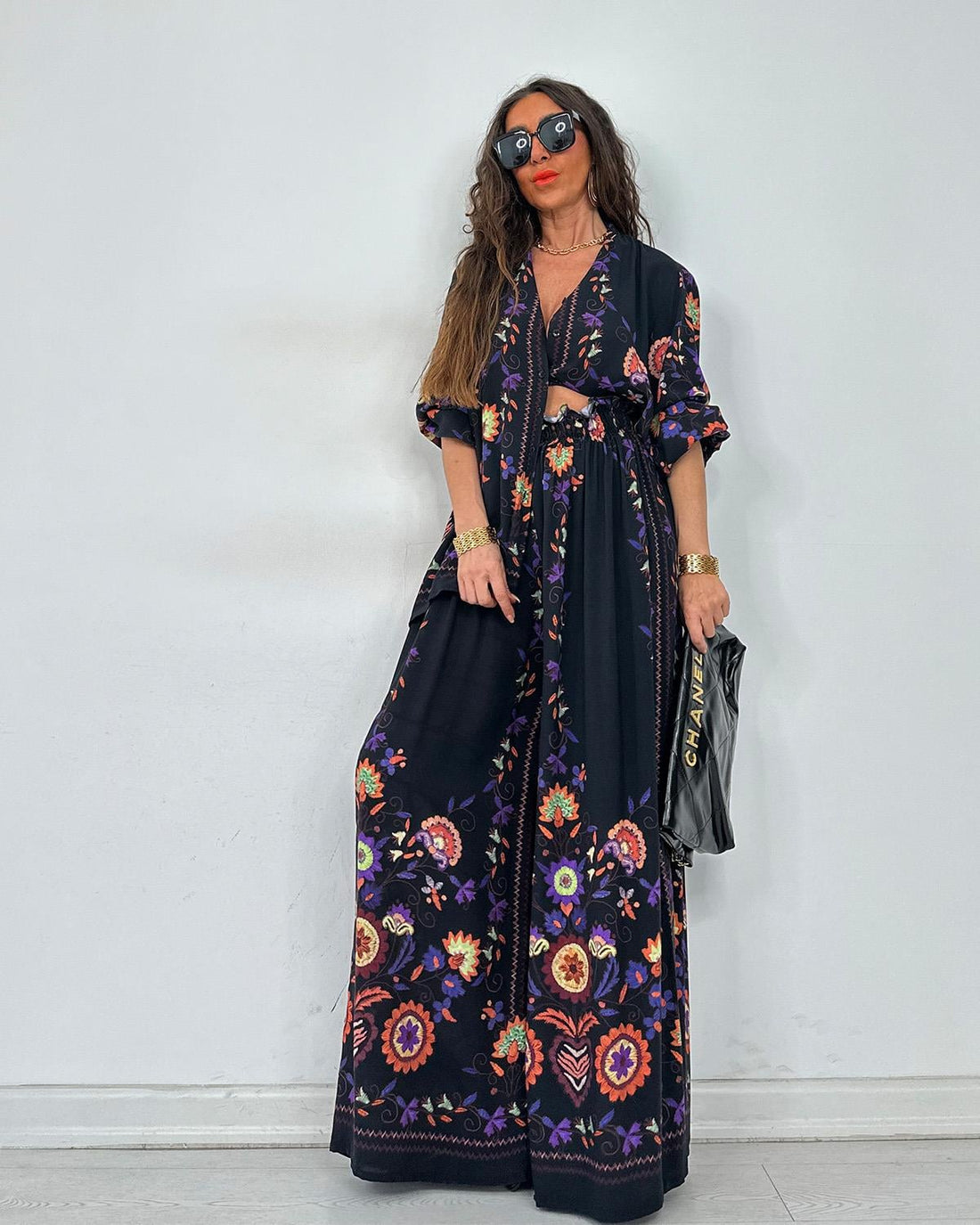Ensemble 2 pièces chemise & pantalon fluide – Imprimé floral bohème noir - Fenomen Paris