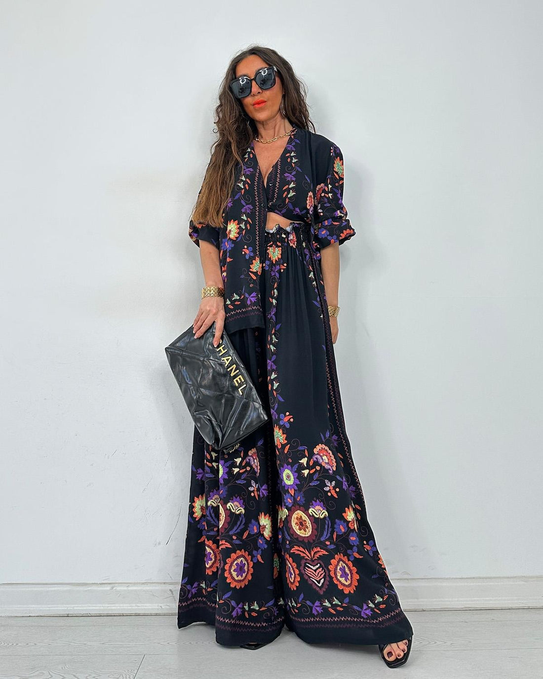 Ensemble 2 pièces chemise & pantalon fluide – Imprimé floral bohème noir - Fenomen Paris