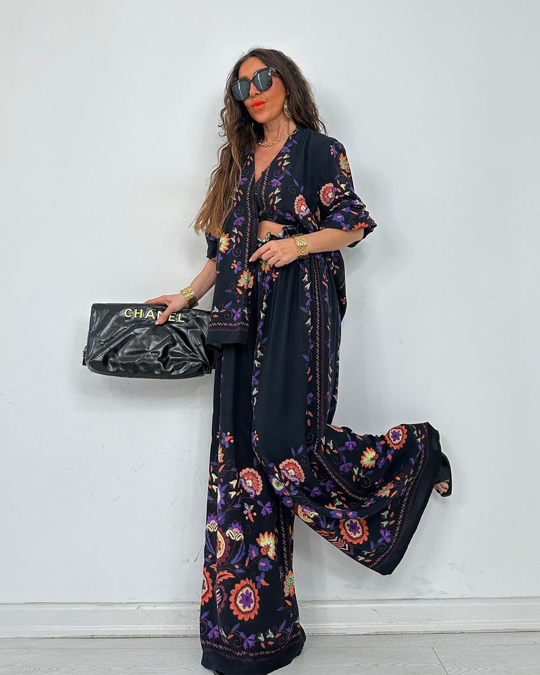 Ensemble 2 pièces chemise & pantalon fluide – Imprimé floral bohème noir - Fenomen Paris