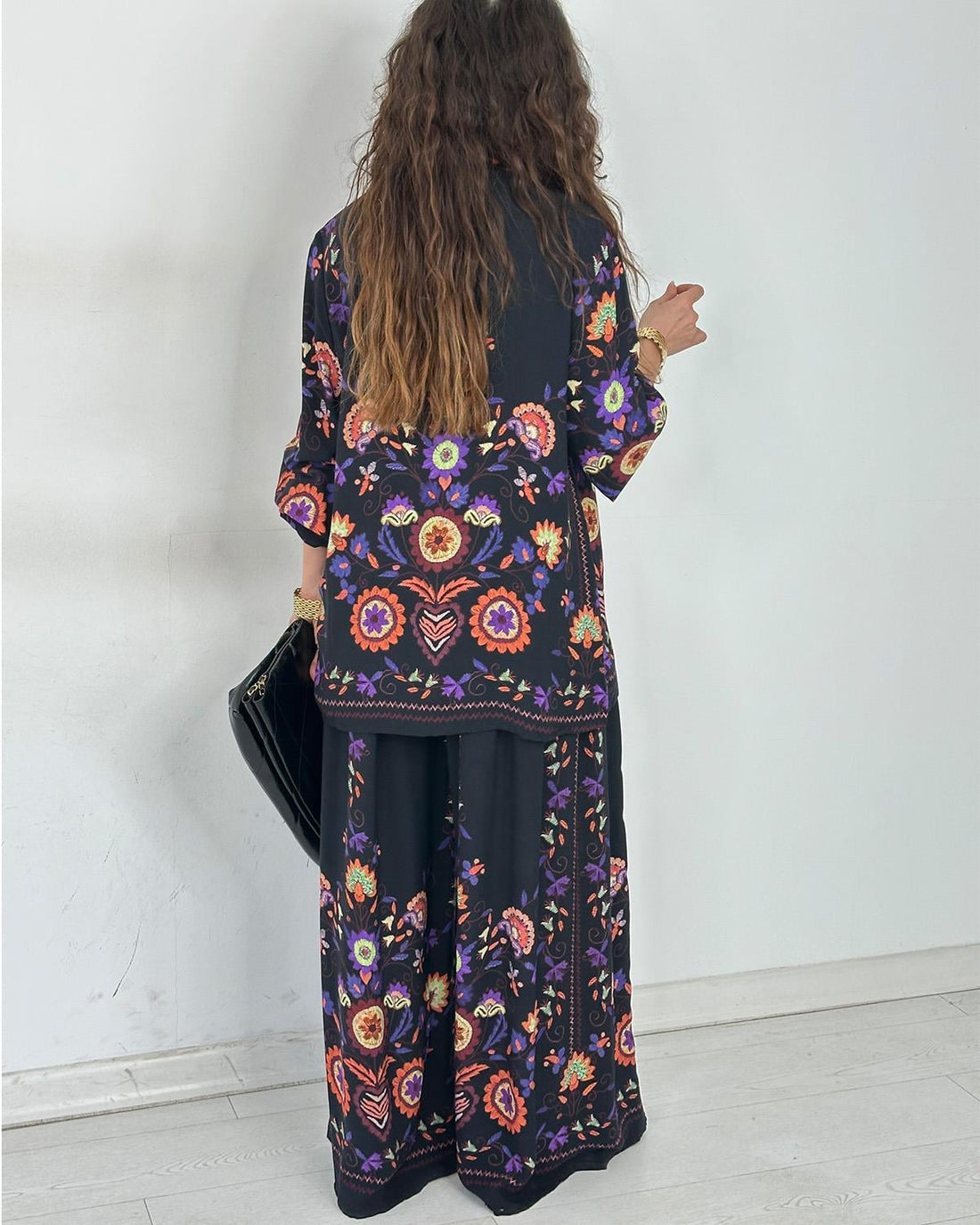 Ensemble 2 pièces chemise & pantalon fluide – Imprimé floral bohème noir - Fenomen Paris