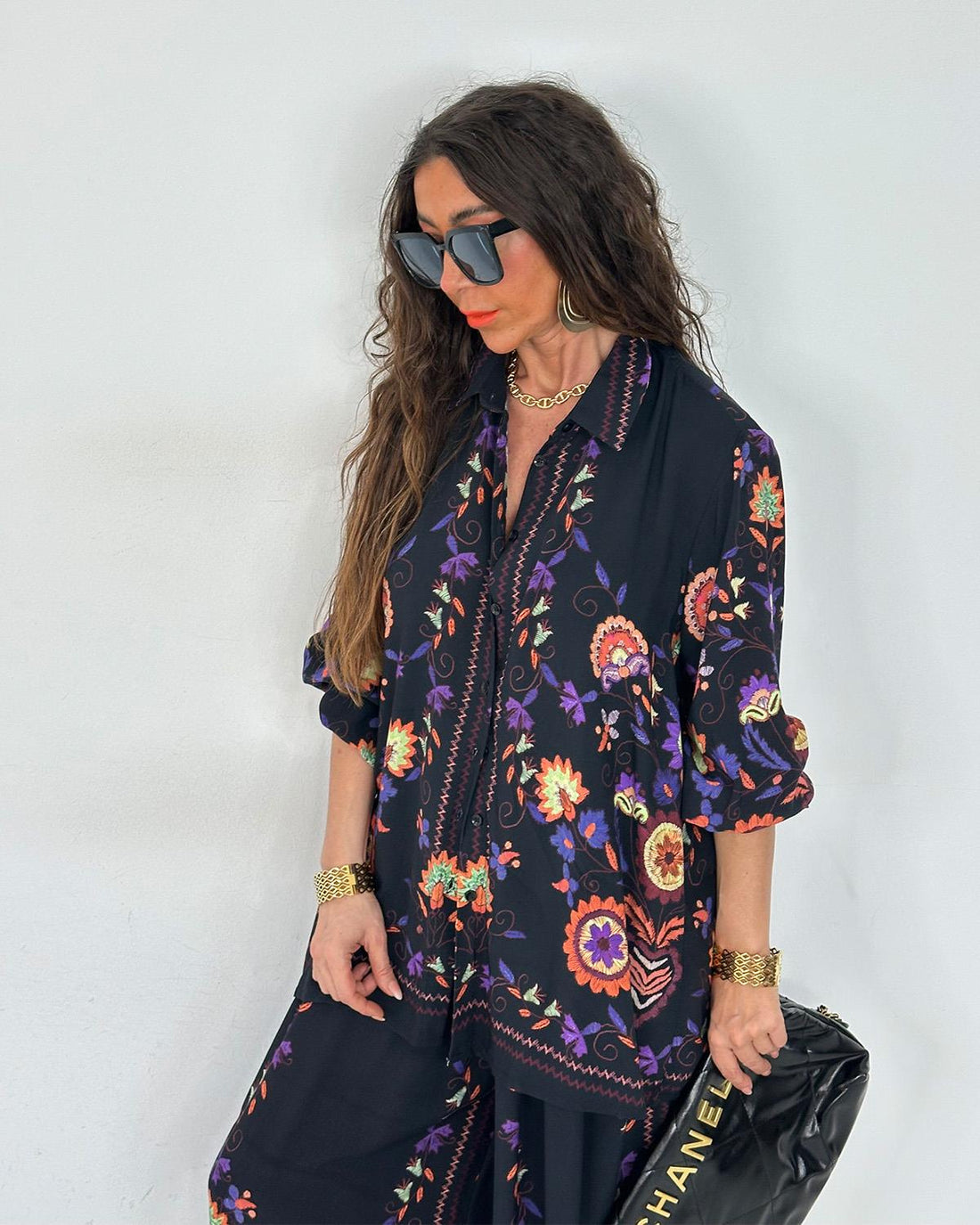 Ensemble 2 pièces chemise & pantalon fluide – Imprimé floral bohème noir - Fenomen Paris