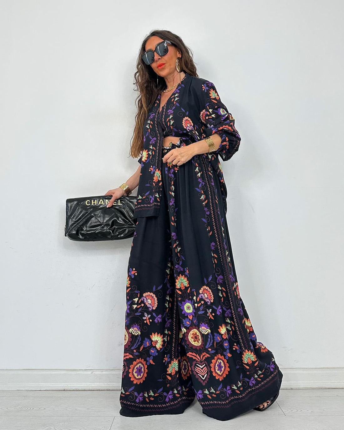 Ensemble 2 pièces chemise & pantalon fluide – Imprimé floral bohème noir - Fenomen Paris