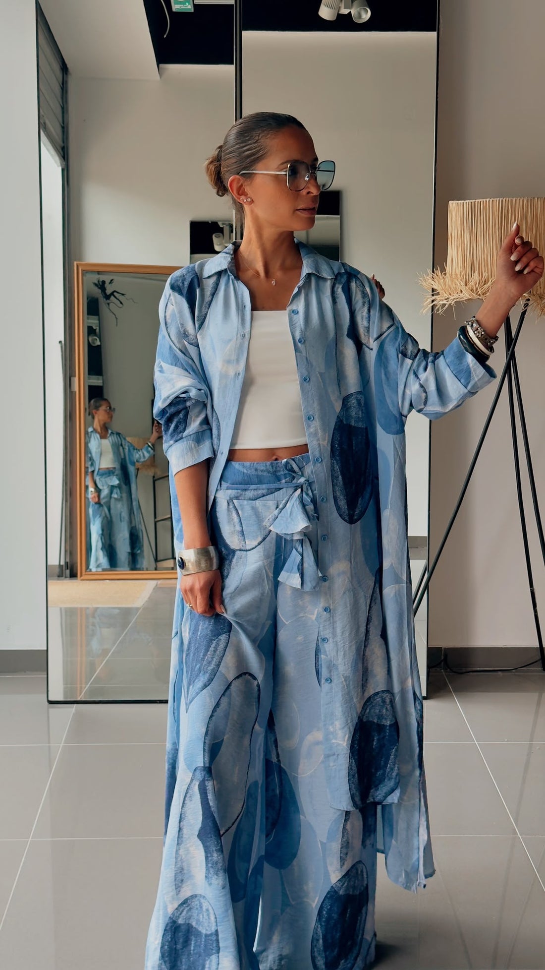 Ensemble Chemise Longue & Pantalon Fluide Imprimé Bleu Graphique