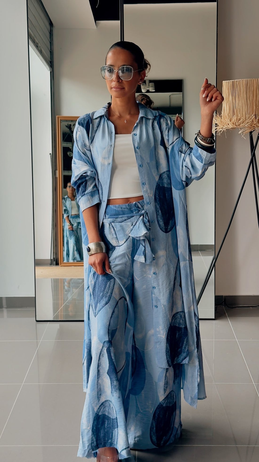 Ensemble Chemise Longue & Pantalon Fluide Imprimé Bleu Graphique