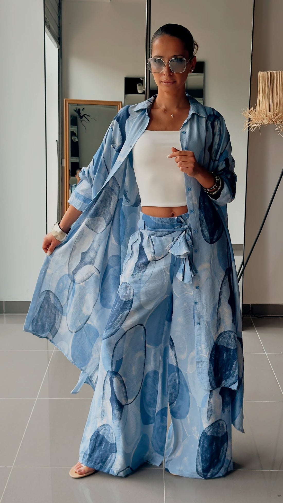 Ensemble Chemise Longue & Pantalon Fluide Imprimé Bleu Graphique