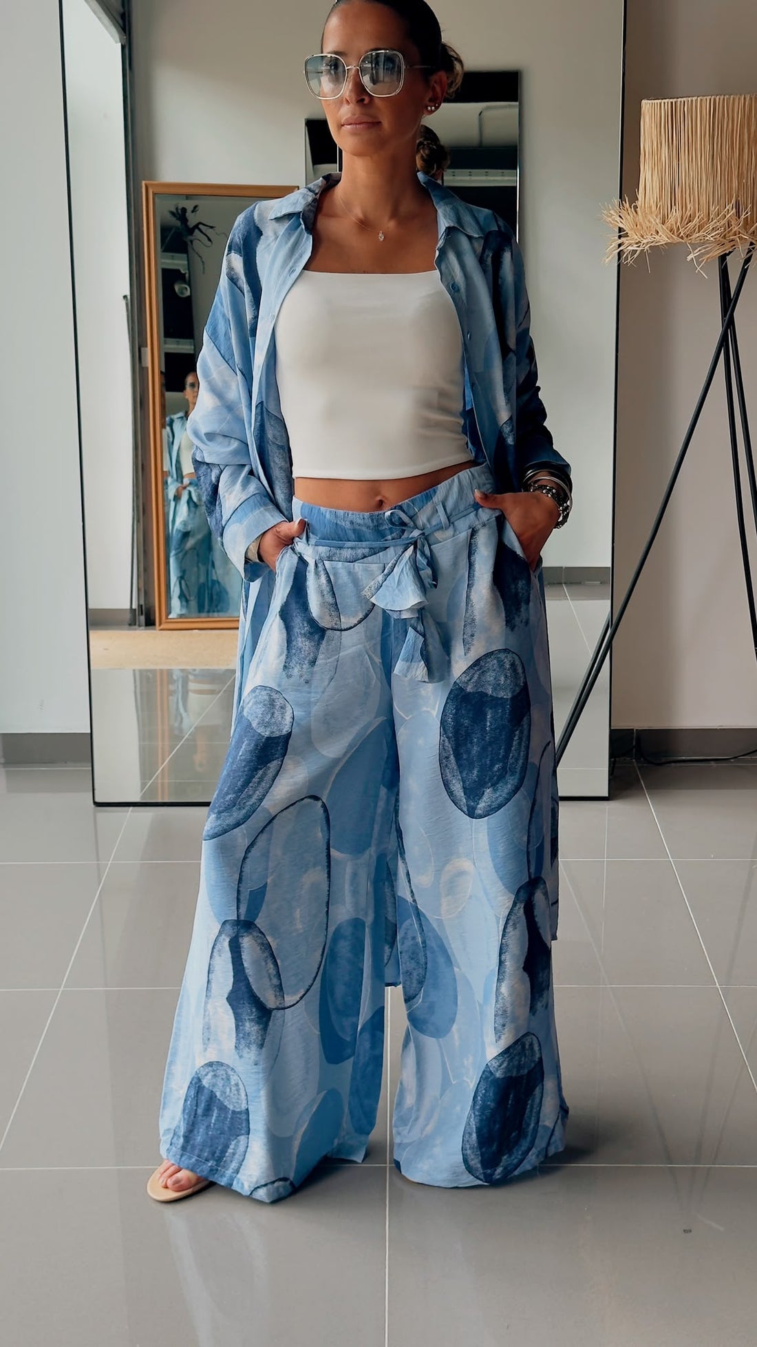 Ensemble Chemise Longue & Pantalon Fluide Imprimé Bleu Graphique