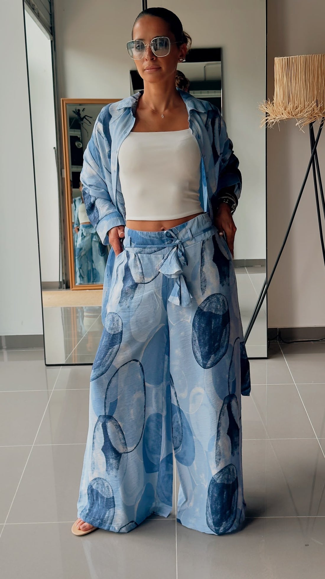 Ensemble Chemise Longue & Pantalon Fluide Imprimé Bleu Graphique