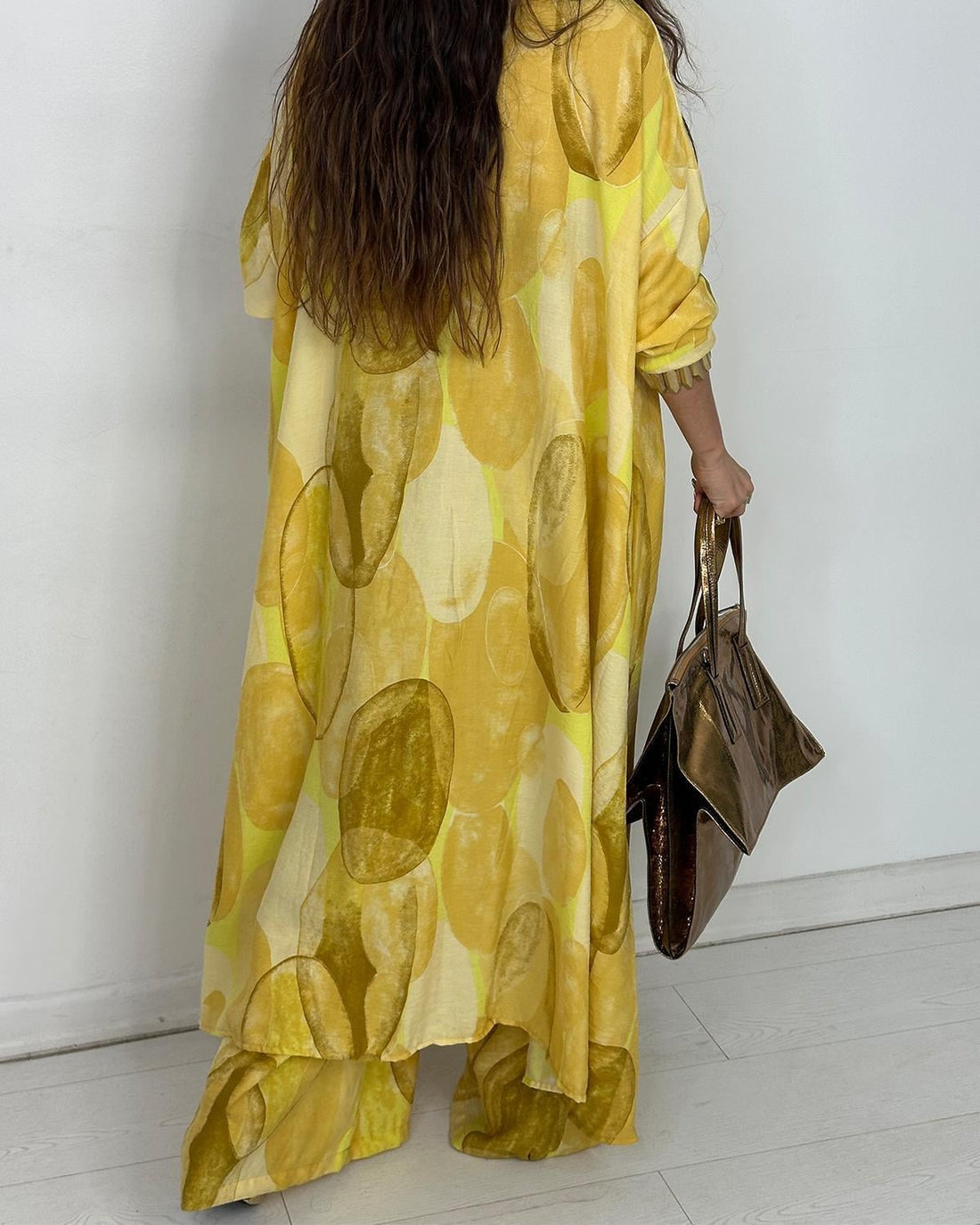 Ensemble Chemise Longue & Pantalon Fluide Jaune à Imprimé Graphique
